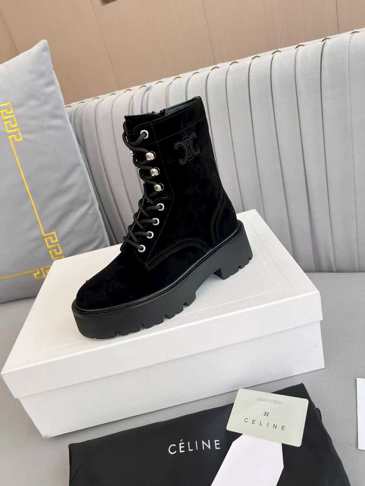 Celine 25s Triomphe Rangers Mid Lace-Up Boot Black Suede