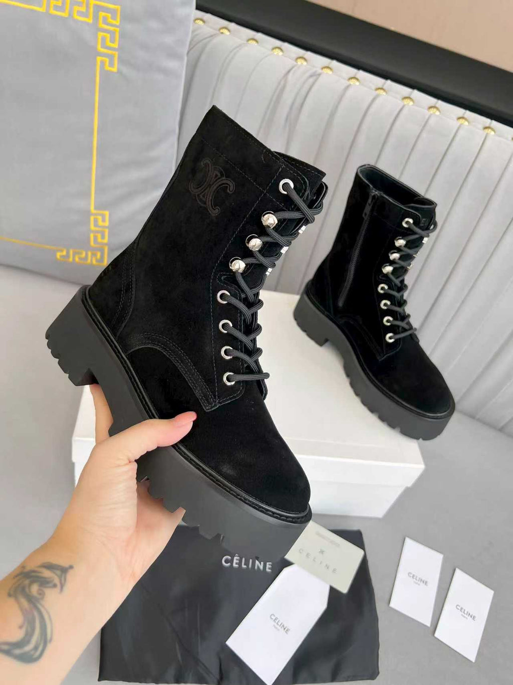 Celine 25s Triomphe Rangers Mid Lace-Up Boot Black Suede