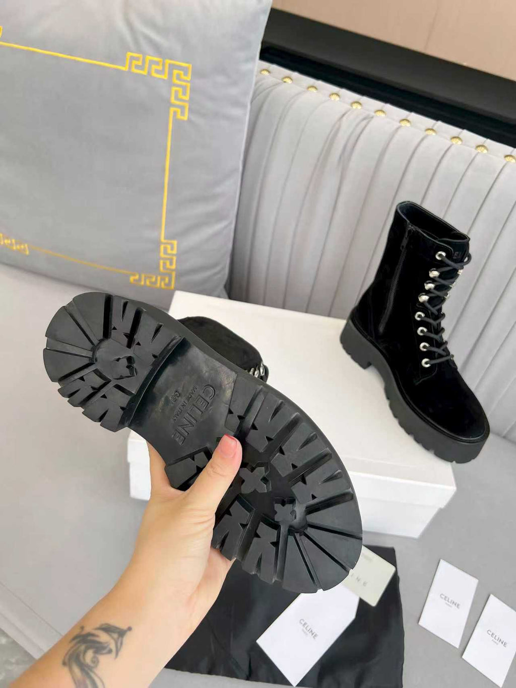 Celine 25s Triomphe Rangers Mid Lace-Up Boot Black Suede