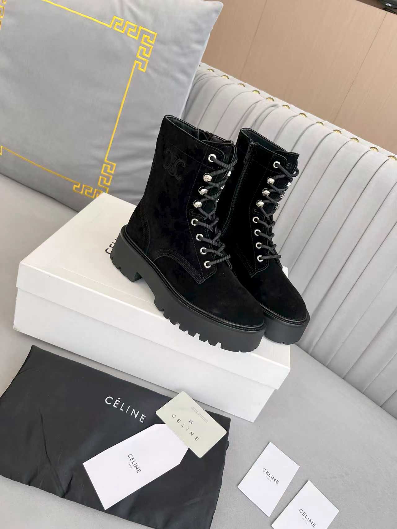 Celine 25s Triomphe Rangers Mid Lace-Up Boot Black Suede