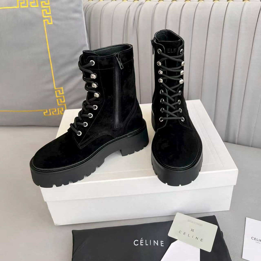 Celine 25s Triomphe Rangers Mid Lace-Up Boot Black Suede