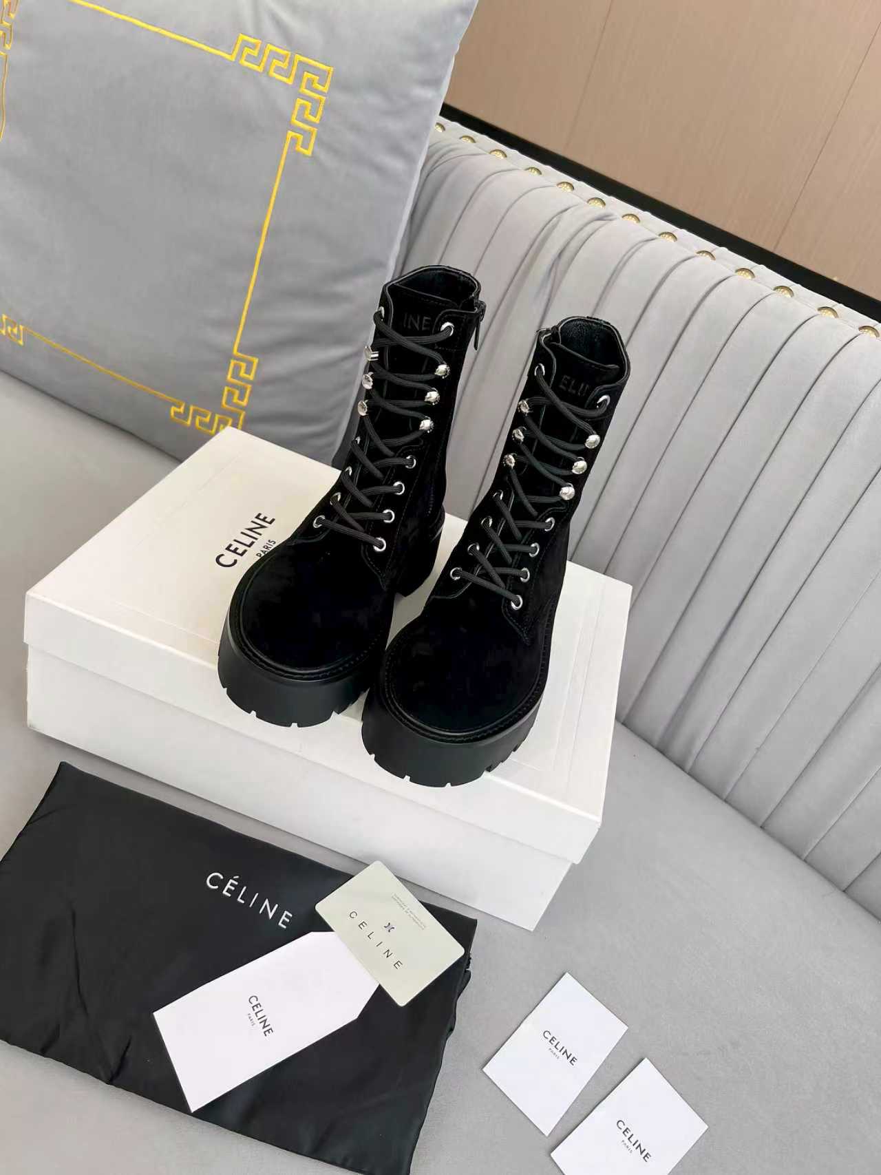 Celine 25s Triomphe Rangers Mid Lace-Up Boot Black Suede