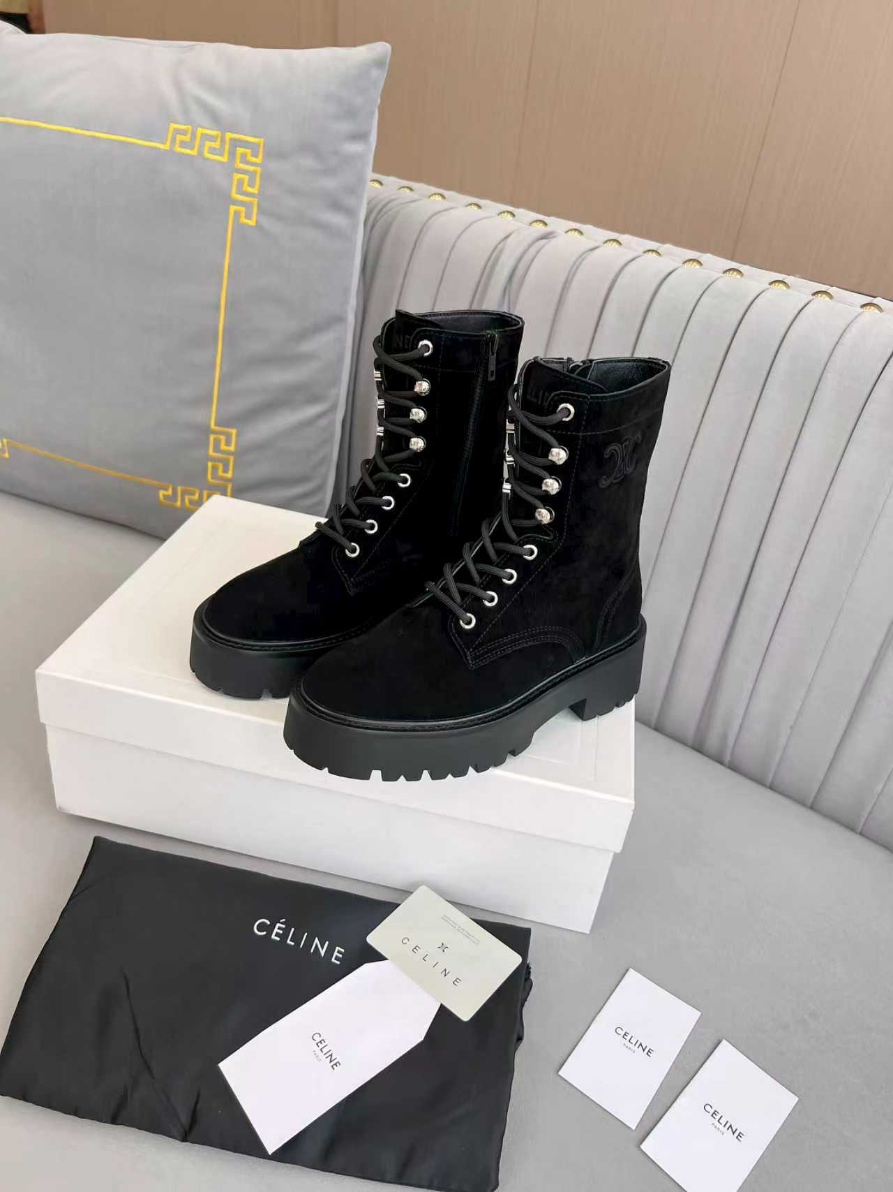 Celine 25s Triomphe Rangers Mid Lace-Up Boot Black Suede