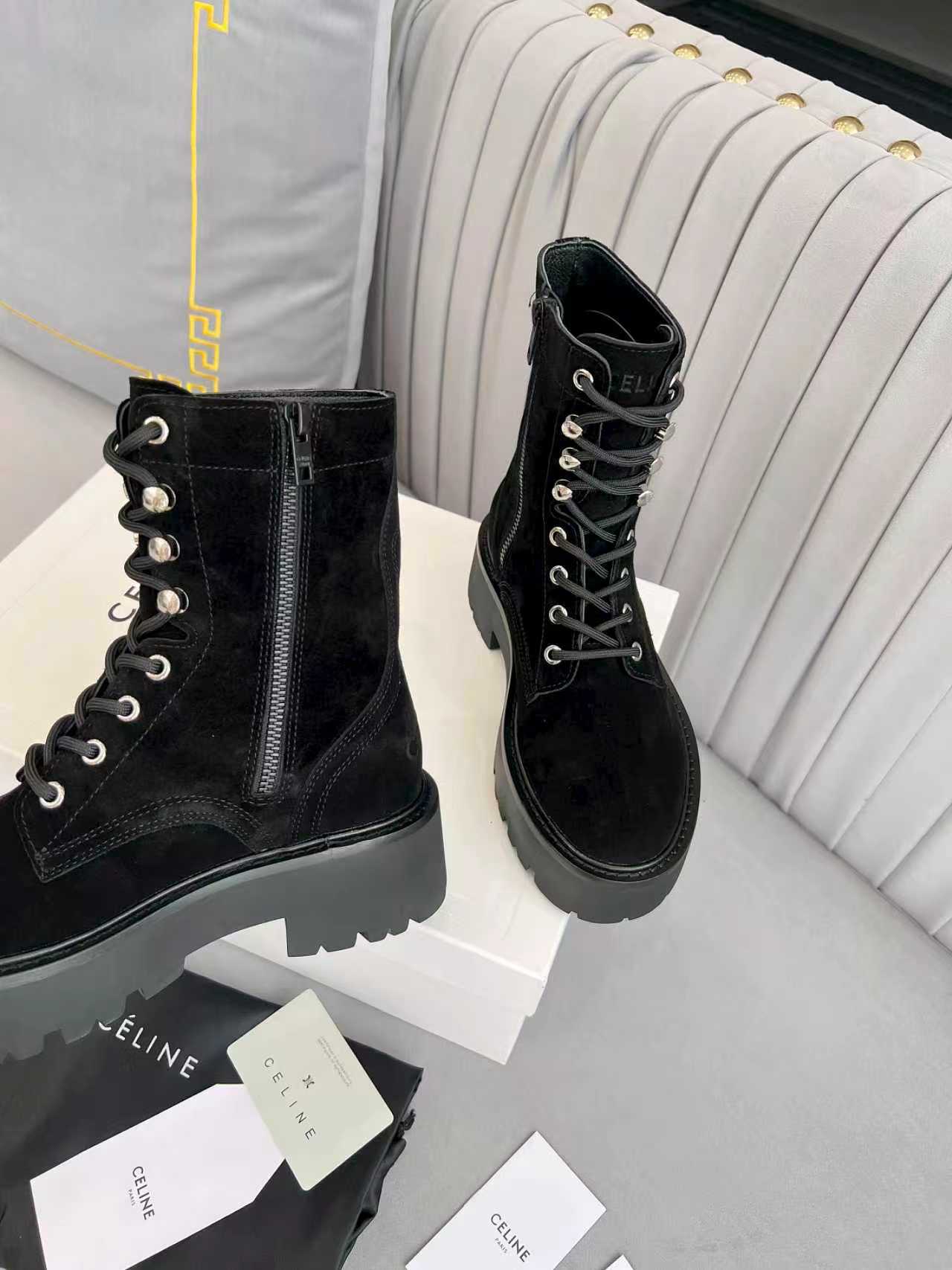 Celine 25s Triomphe Rangers Mid Lace-Up Boot Black Suede