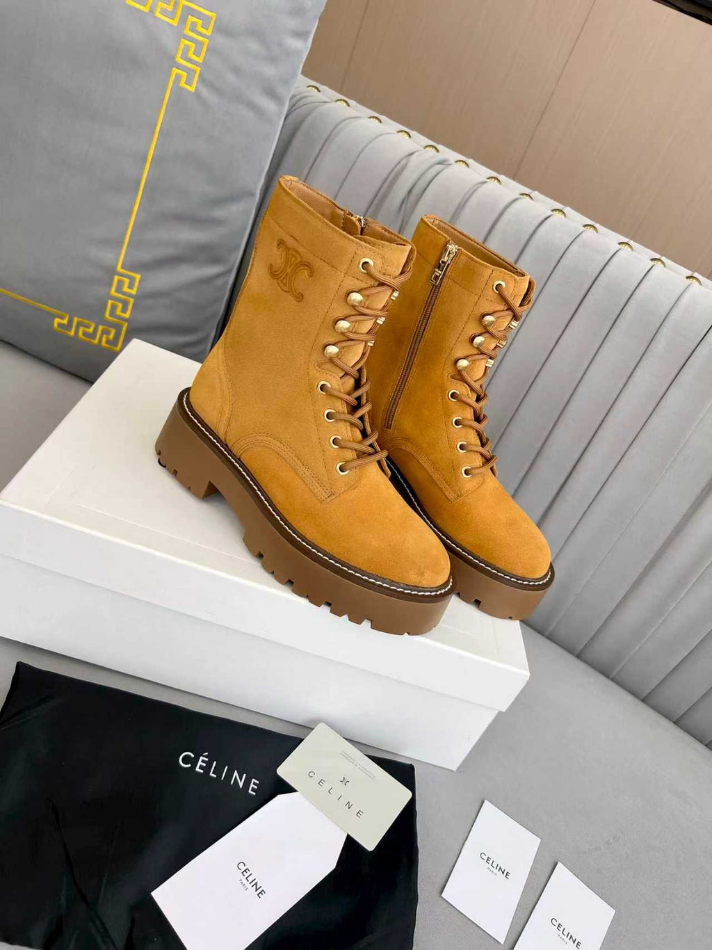 Celine 25s Triomphe Rangers Mid Lace-Up Boot Brown Suede