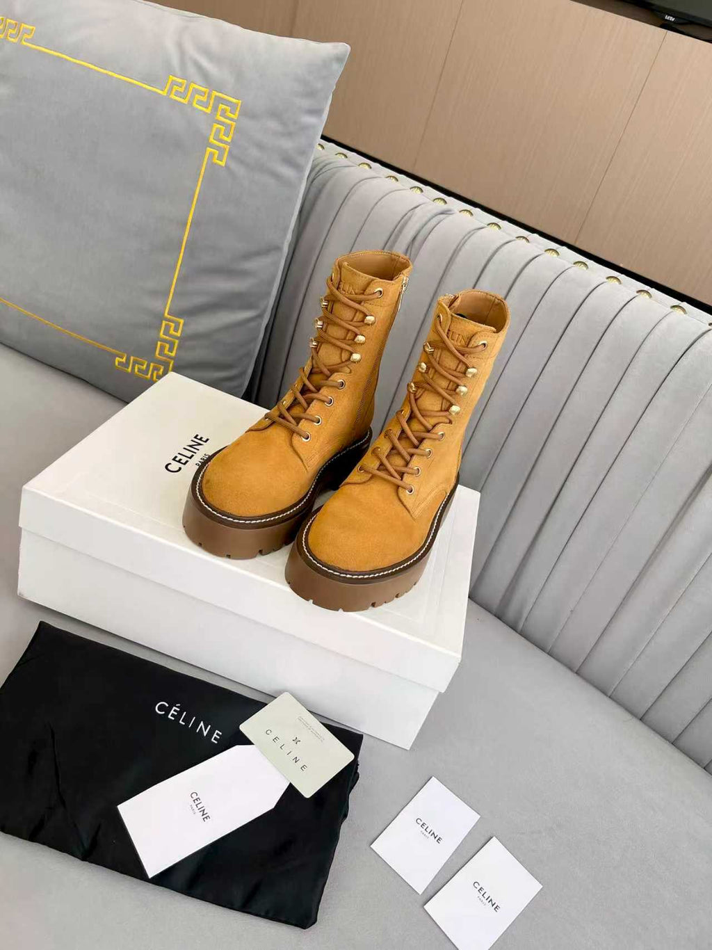 Celine 25s Triomphe Rangers Mid Lace-Up Boot Brown Suede