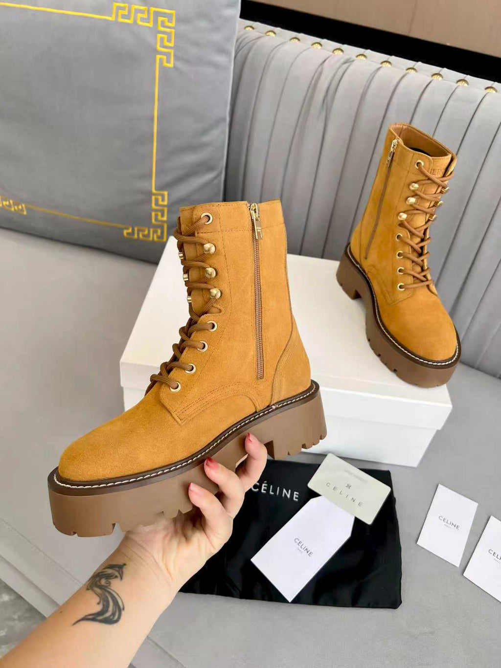 Celine 25s Triomphe Rangers Mid Lace-Up Boot Brown Suede