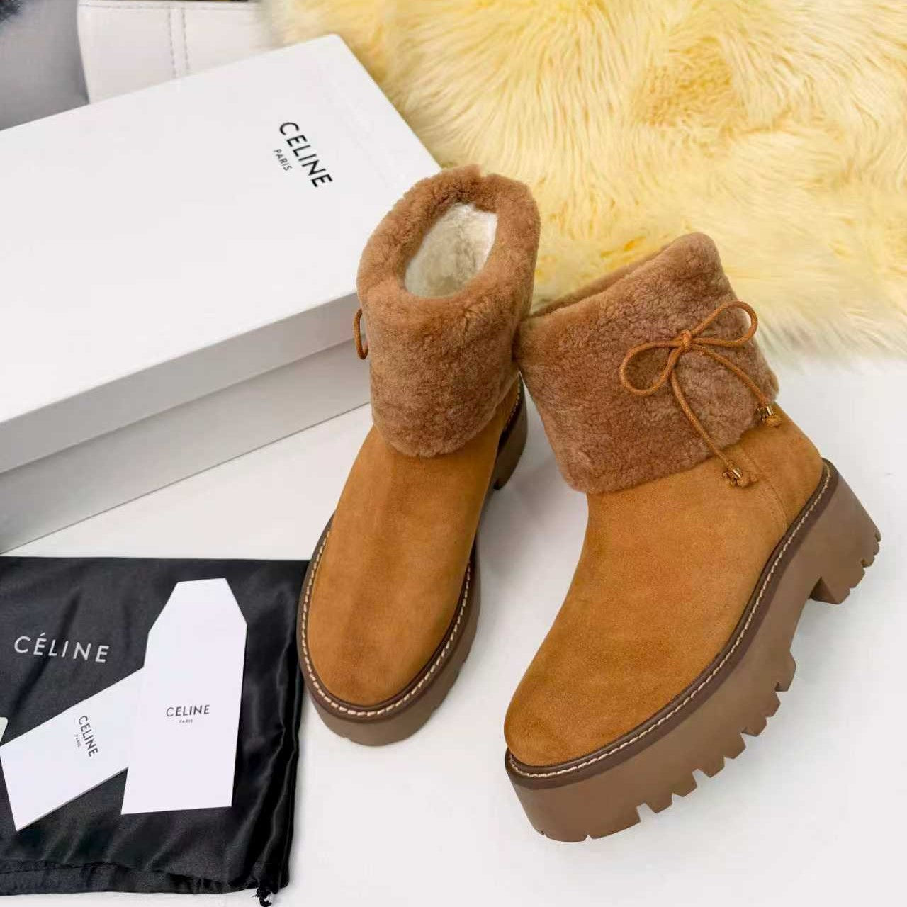 Celin Spring Runway Ankle Boots Brown Fur Suede 567510