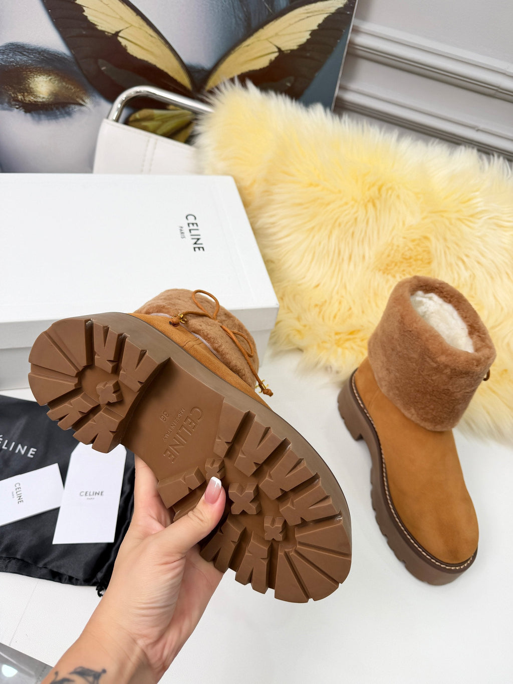 Celin Spring Runway Ankle Boots Brown Fur Suede 567510