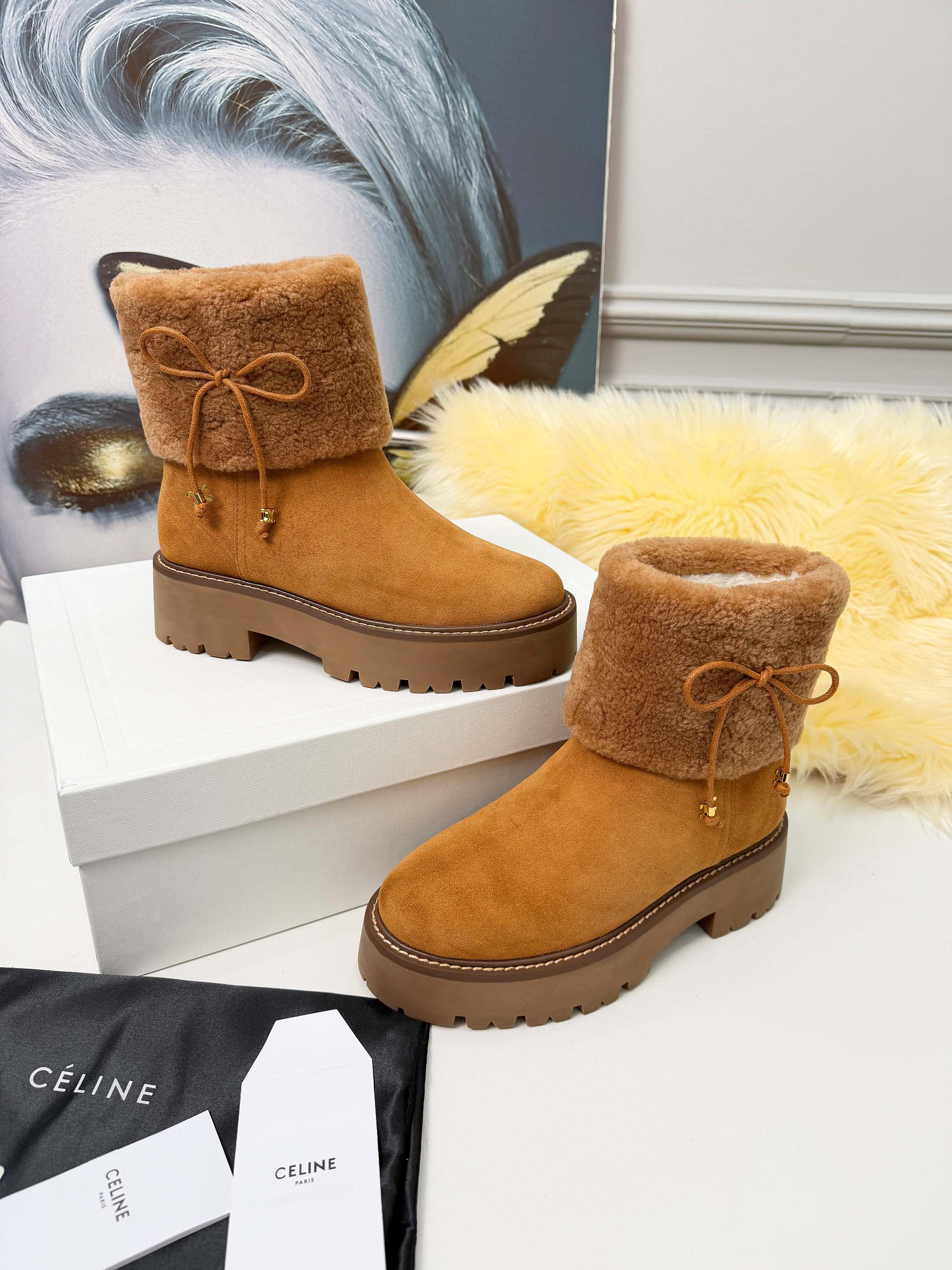 Celin Spring Runway Ankle Boots Brown Fur Suede 567510