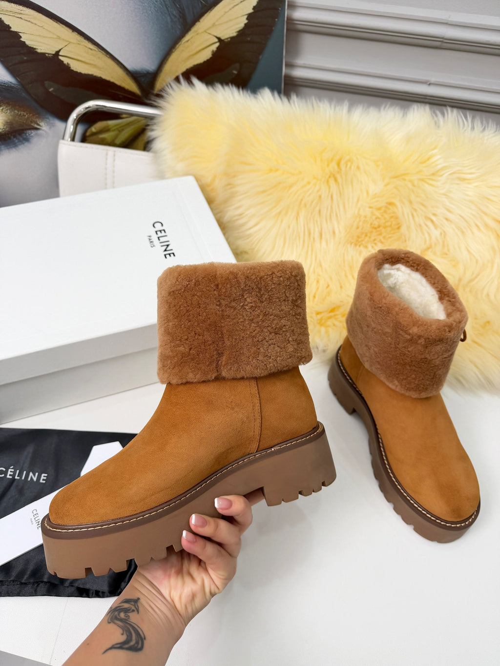 Celin Spring Runway Ankle Boots Brown Fur Suede 567510