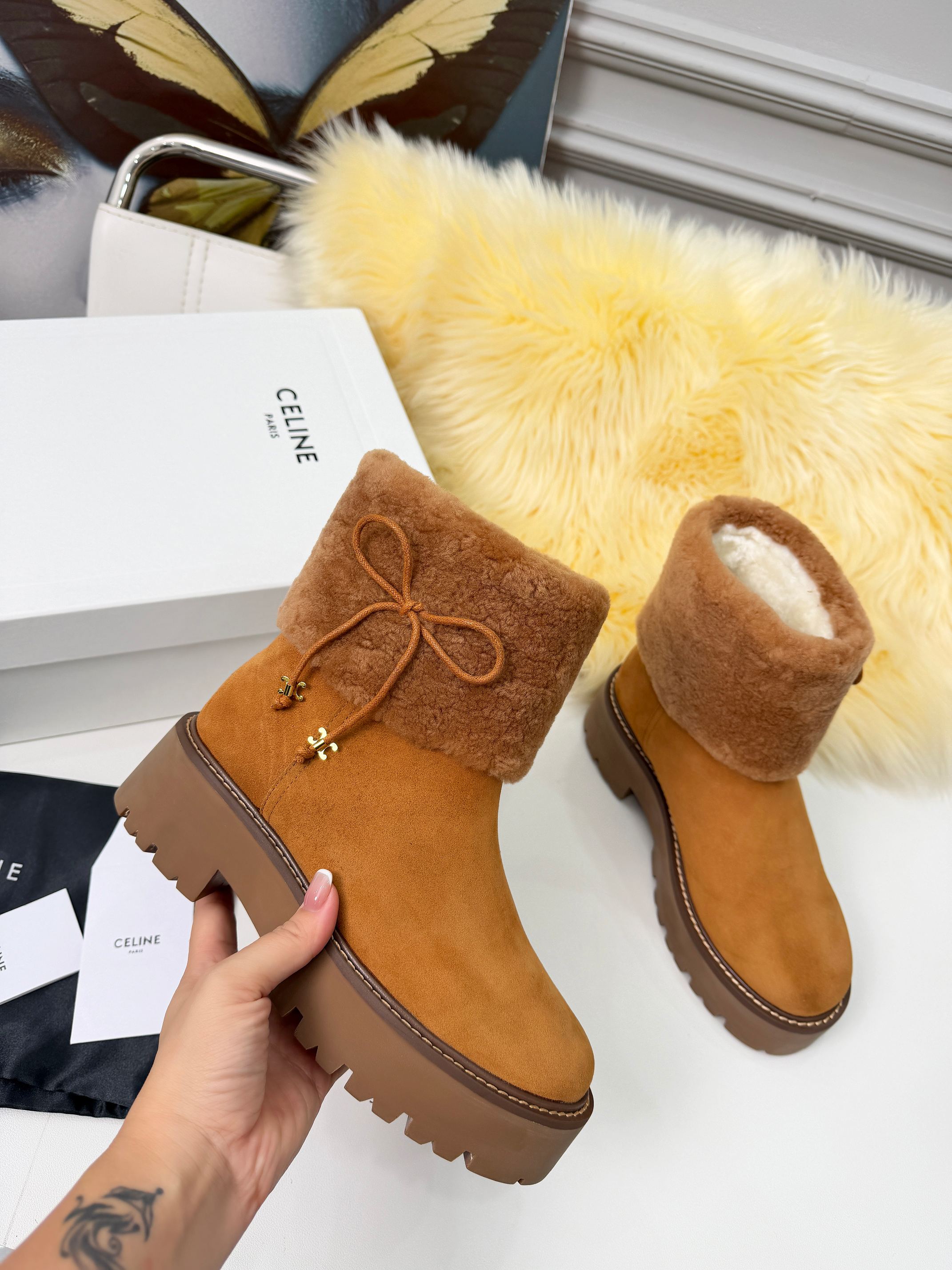 Celin Spring Runway Ankle Boots Brown Fur Suede 567510