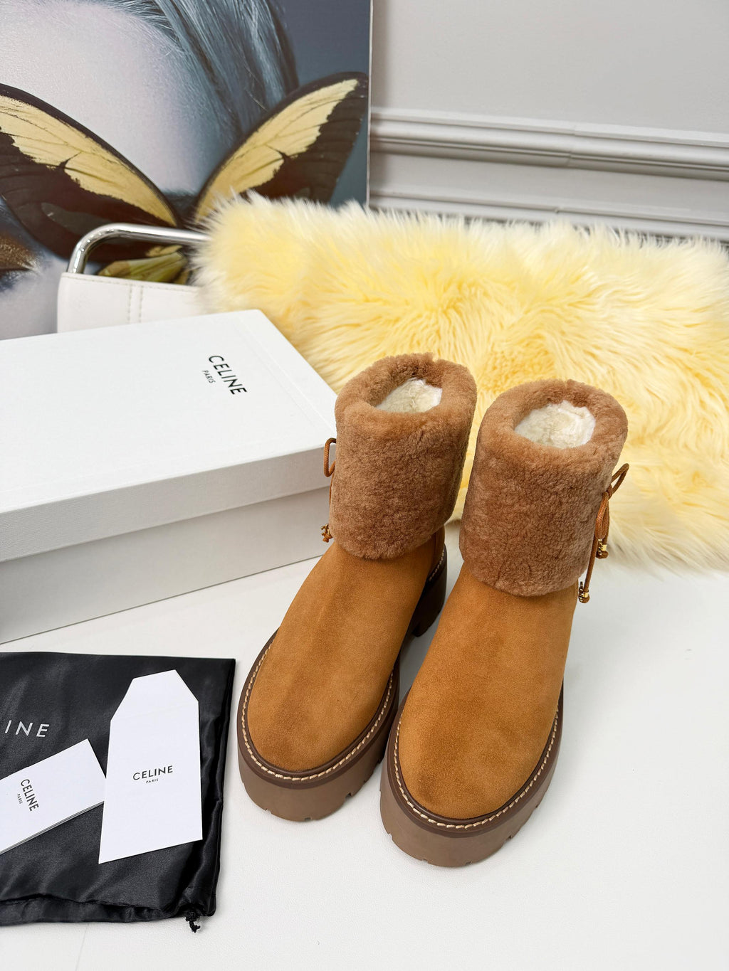 Celin Spring Runway Ankle Boots Brown Fur Suede 567510