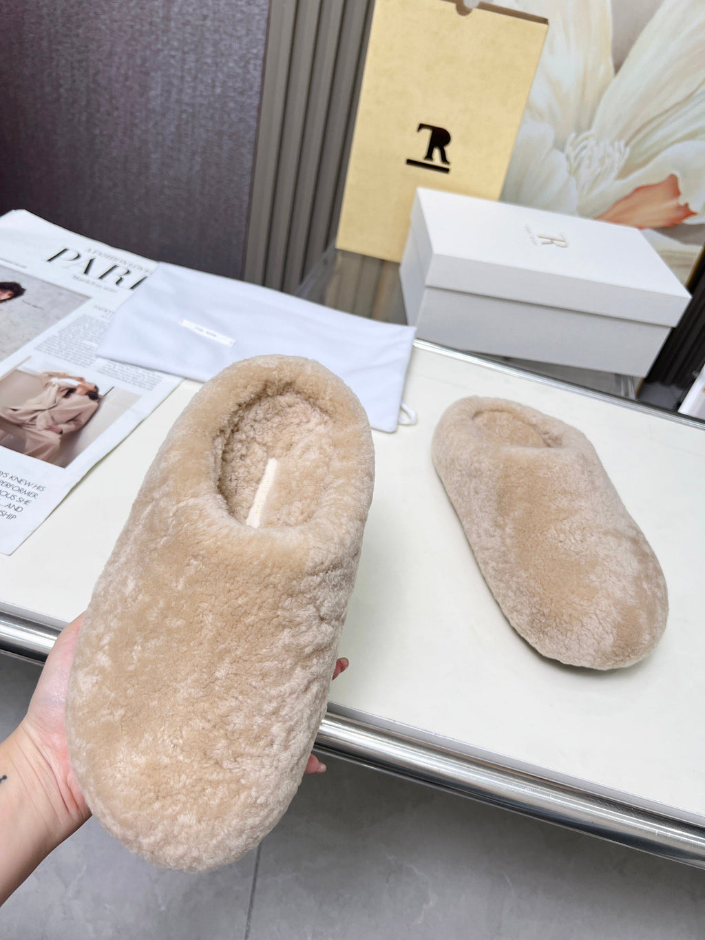 The Row 2025 Retro Oversized Toe Birkenstock Slipper Beige Wool 576034