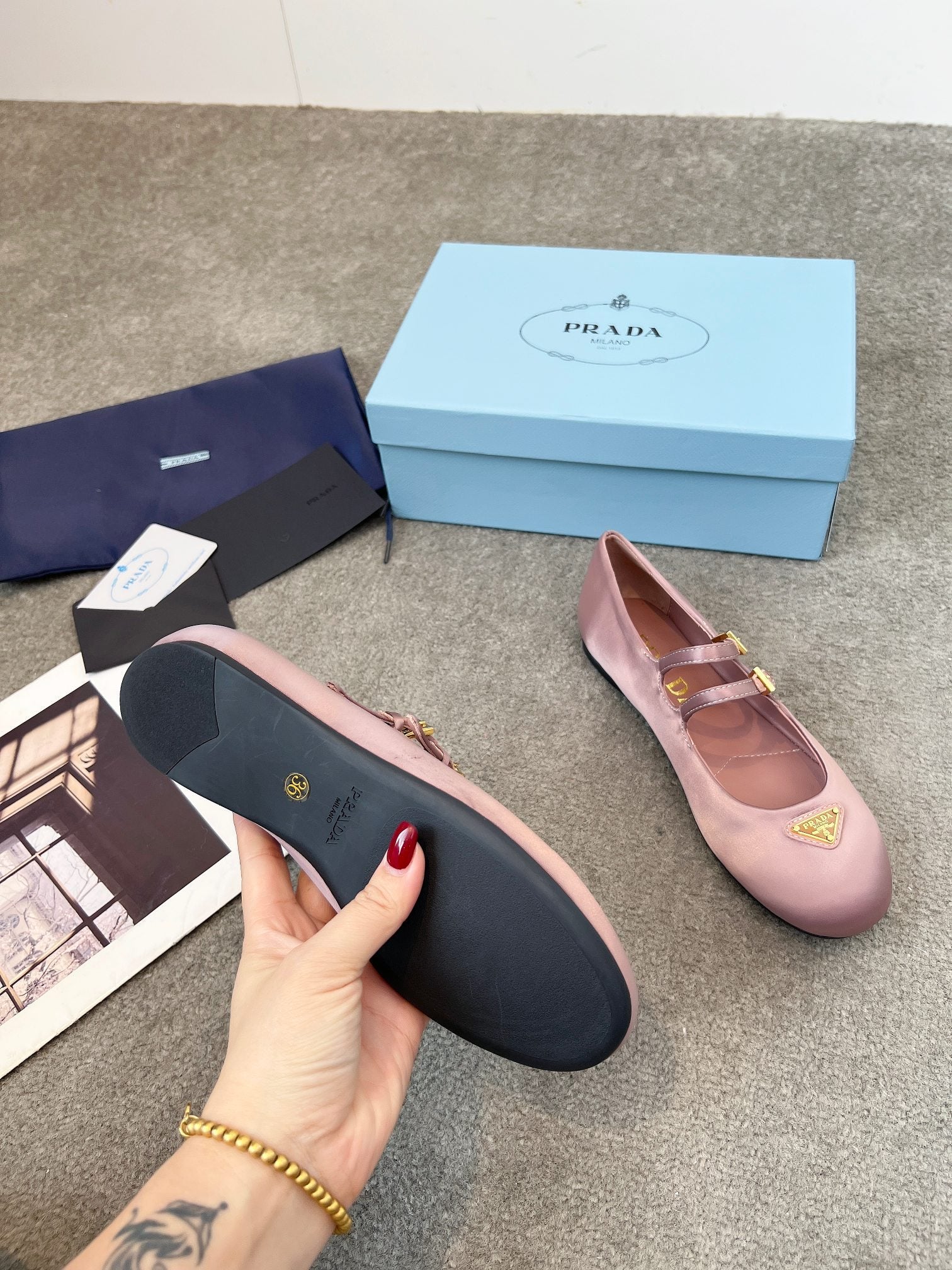 Prada 25th Double Strap Ballet Flats Dusty Rose Satin 564121