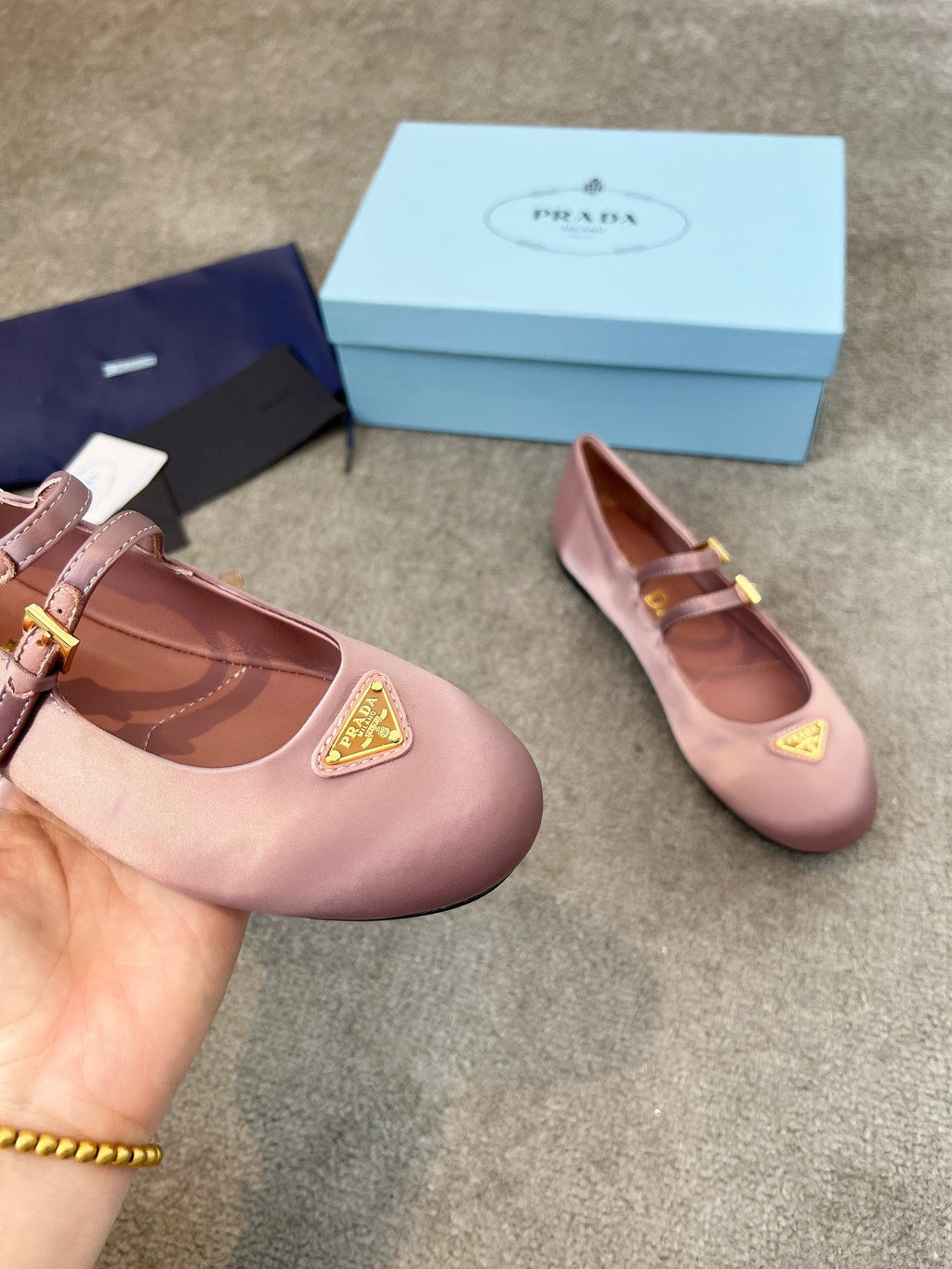 Prada 25th Double Strap Ballet Flats Dusty Rose Satin 564121