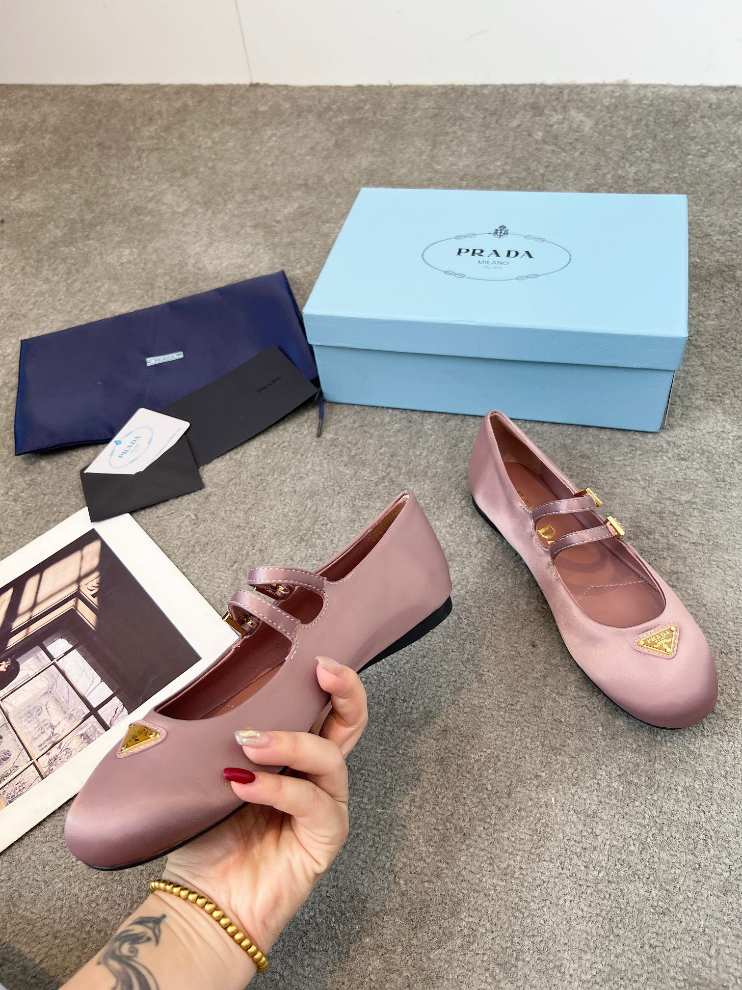 Prada 25th Double Strap Ballet Flats Dusty Rose Satin 564121