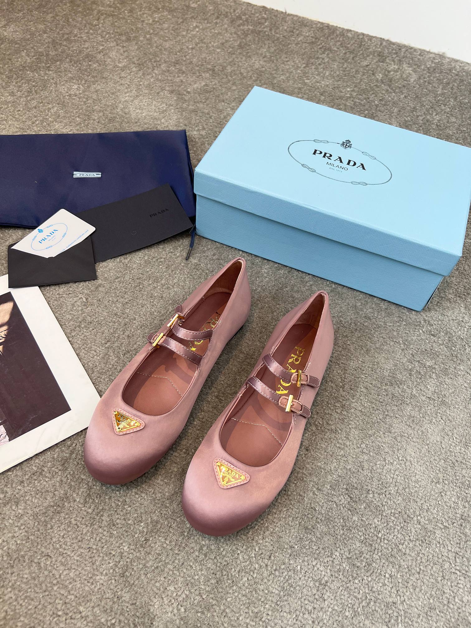 Prada 25th Double Strap Ballet Flats Dusty Rose Satin 564121