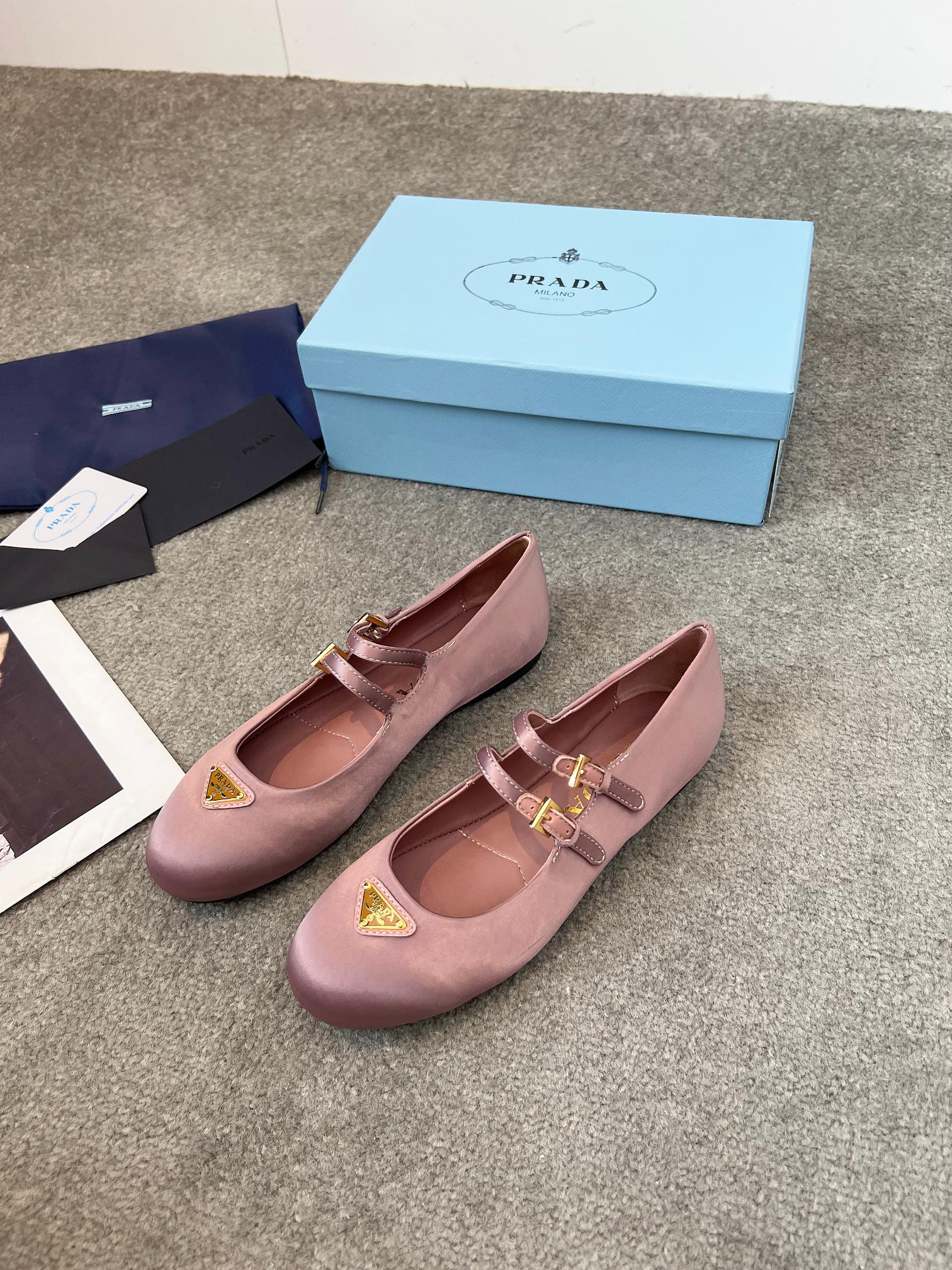 Prada 25th Double Strap Ballet Flats Dusty Rose Satin 564121