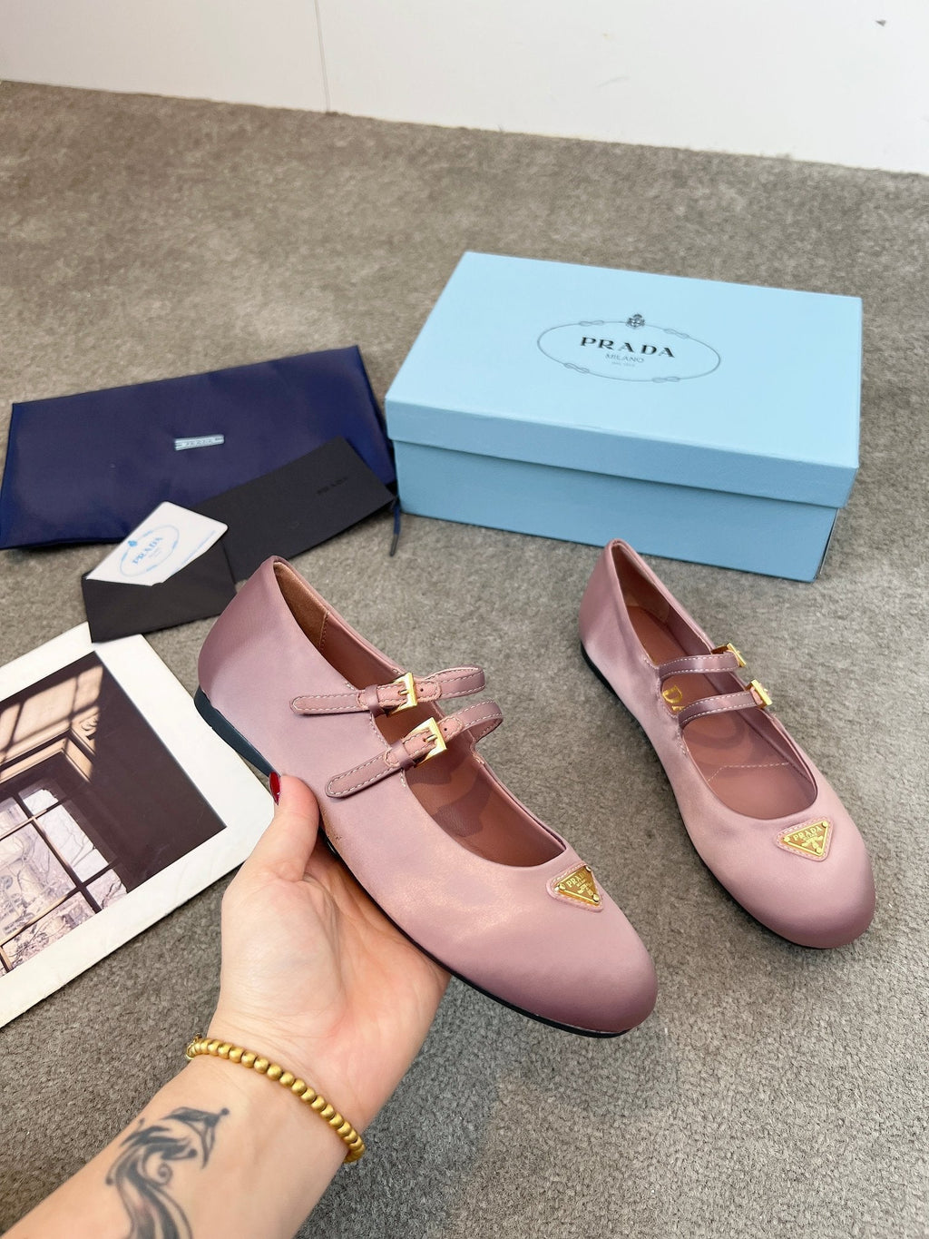 Prada 25th Double Strap Ballet Flats Dusty Rose Satin 564121