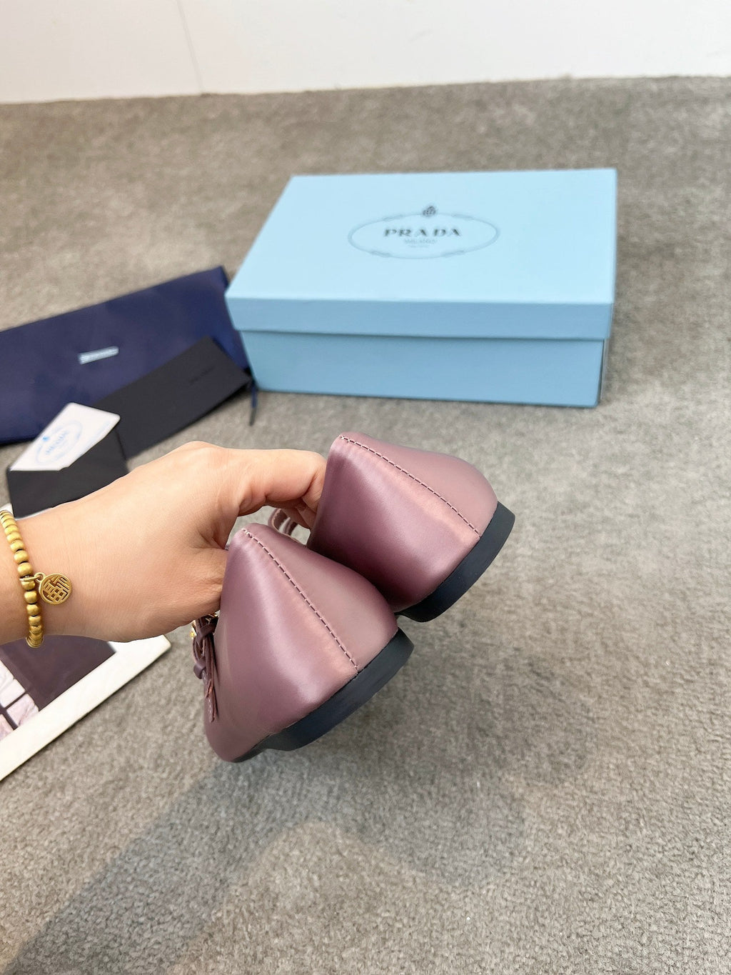 Prada 25th Double Strap Ballet Flats Dusty Rose Satin 564121