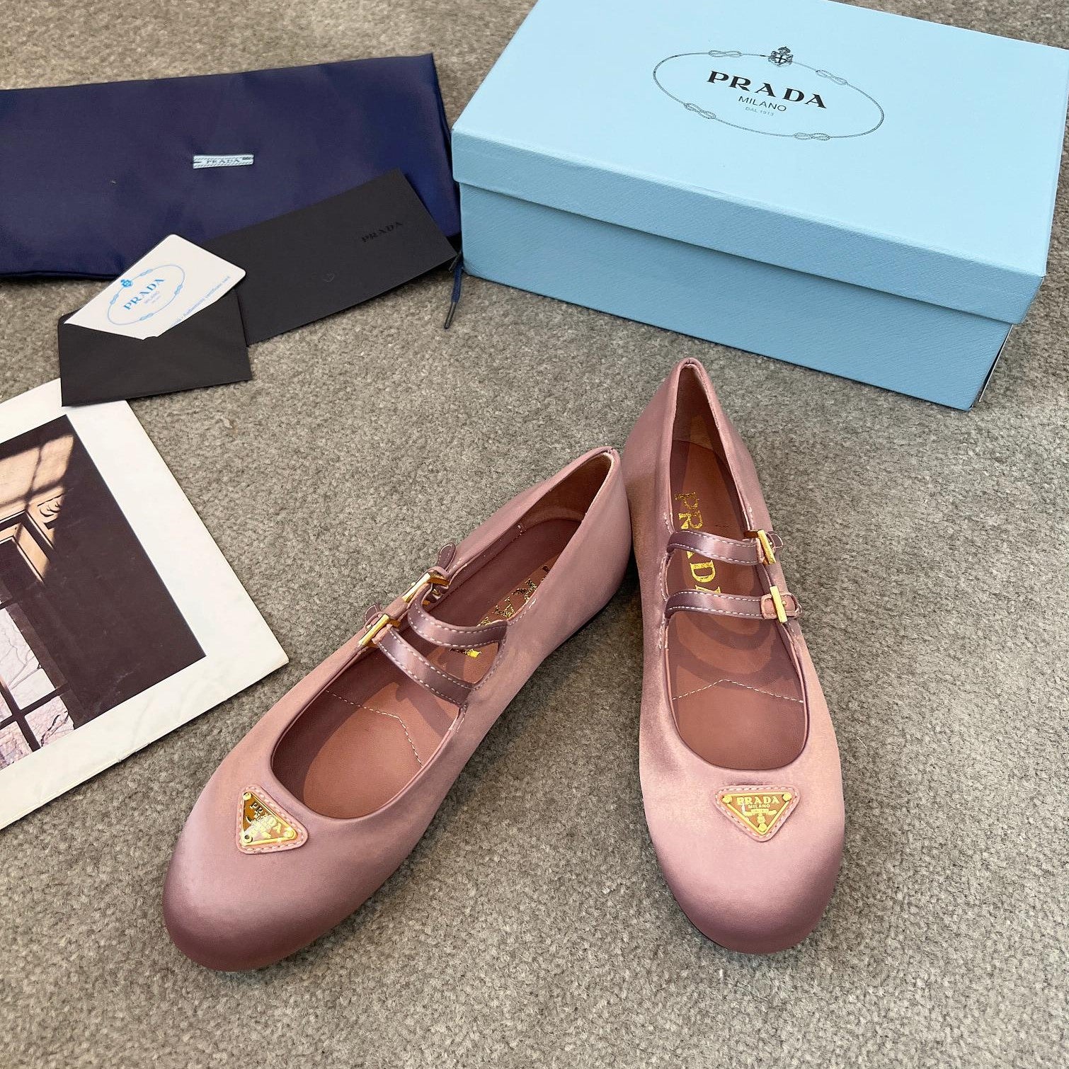 Prada 25th Double Strap Ballet Flats Dusty Rose Satin 564121