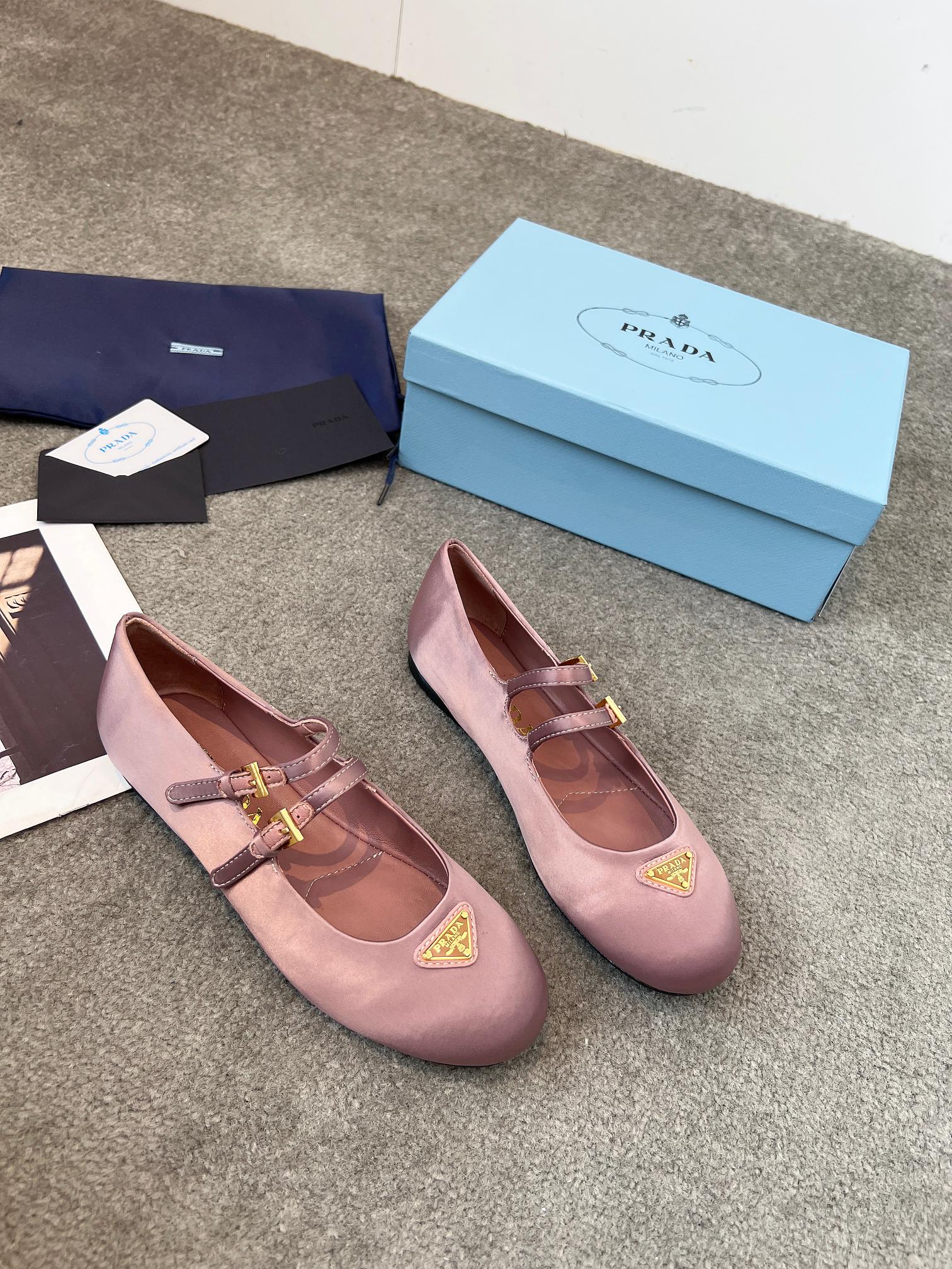 Prada 25th Double Strap Ballet Flats Dusty Rose Satin 564121