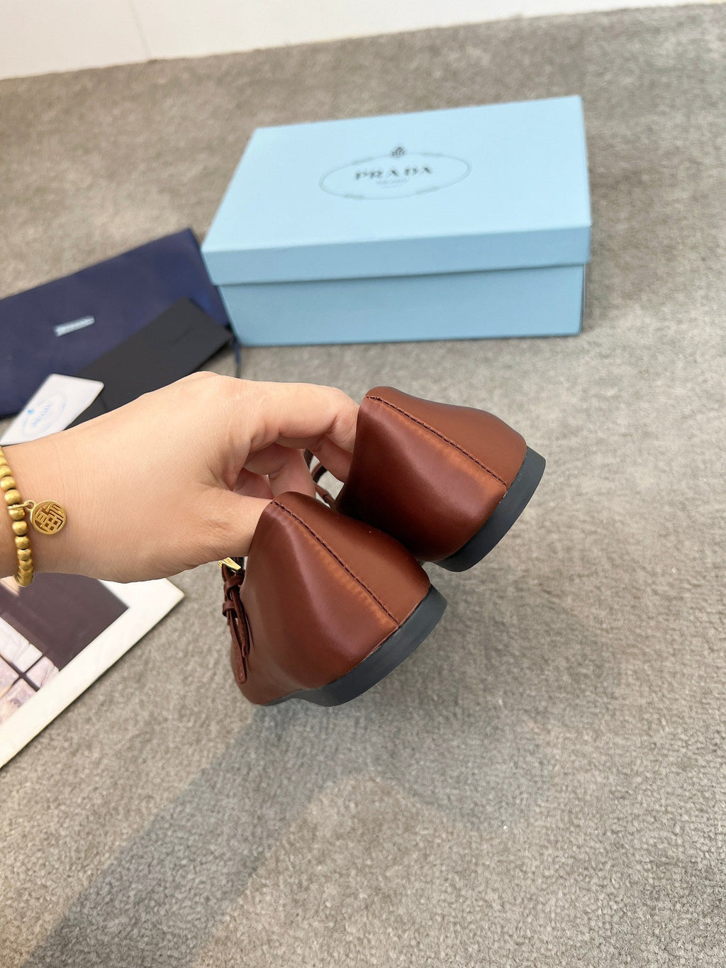 Prada 25th Double Strap Ballet Flats Brown Satin 564122