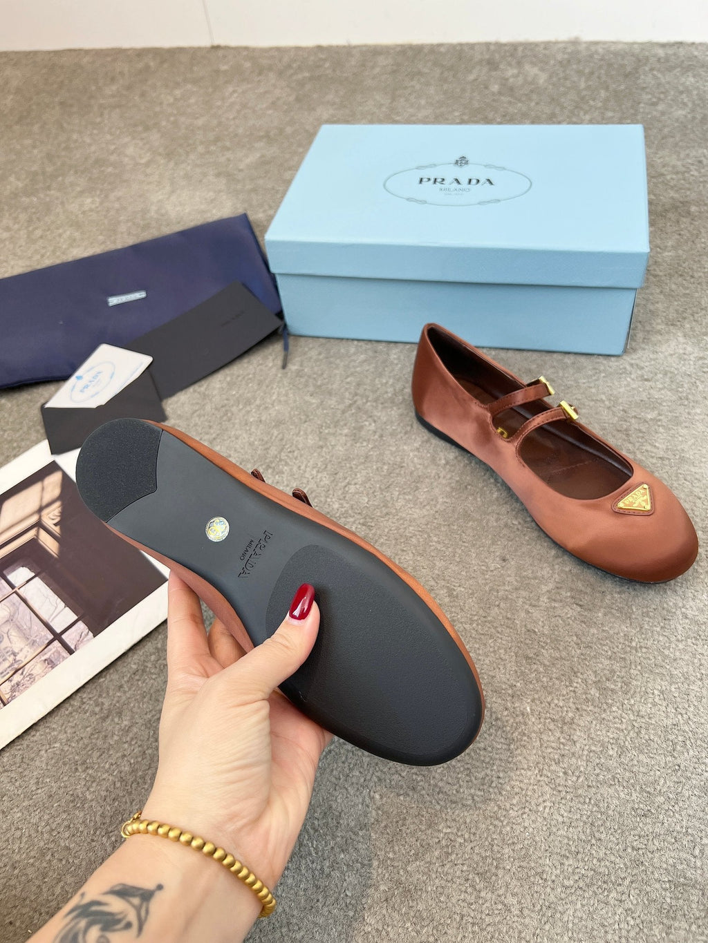 Prada 25th Double Strap Ballet Flats Brown Satin 564122