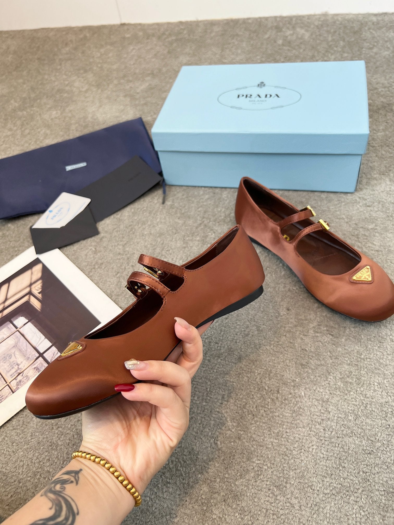 Prada 25th Double Strap Ballet Flats Brown Satin 564122