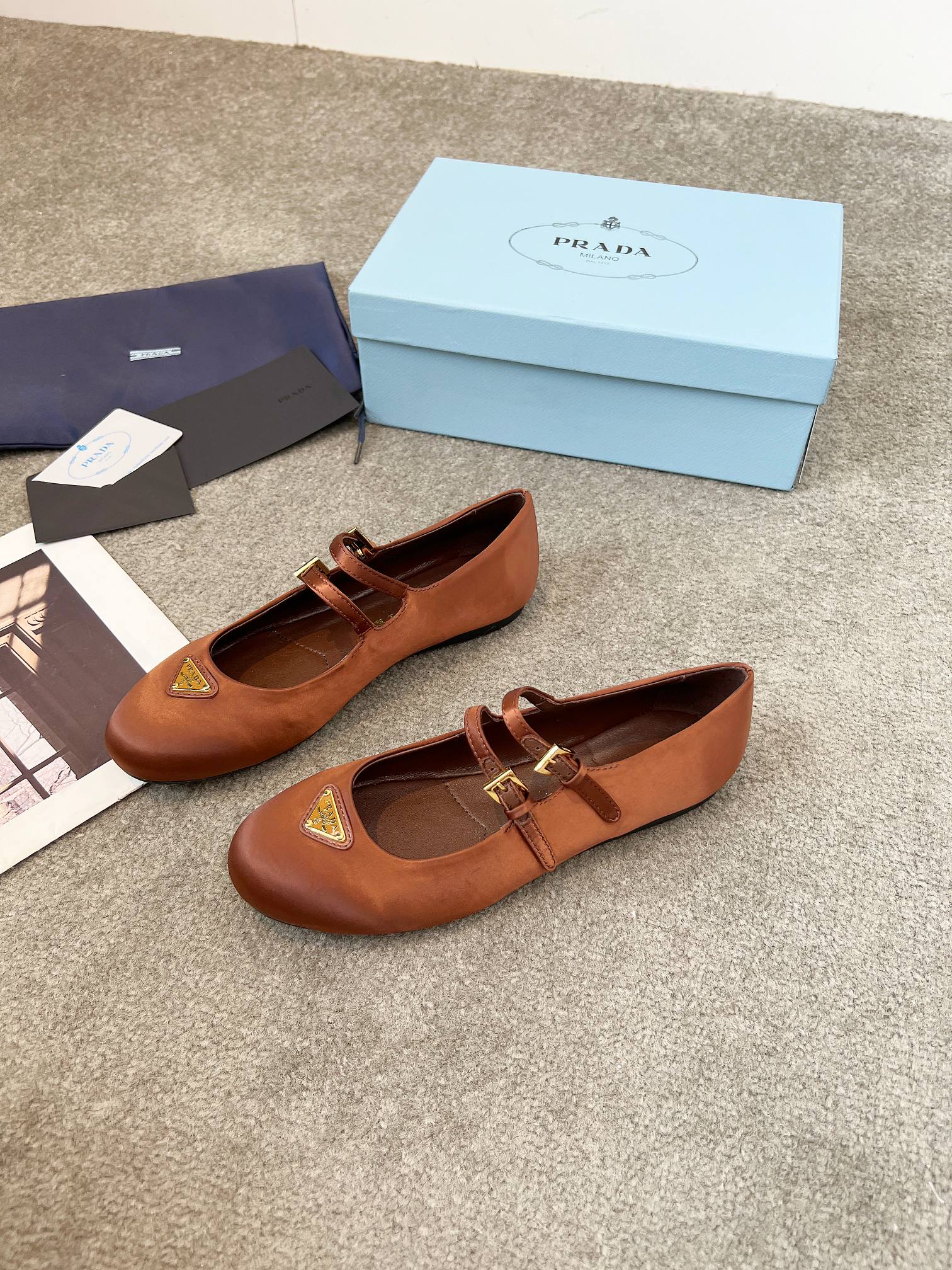 Prada 25th Double Strap Ballet Flats Brown Satin 564122