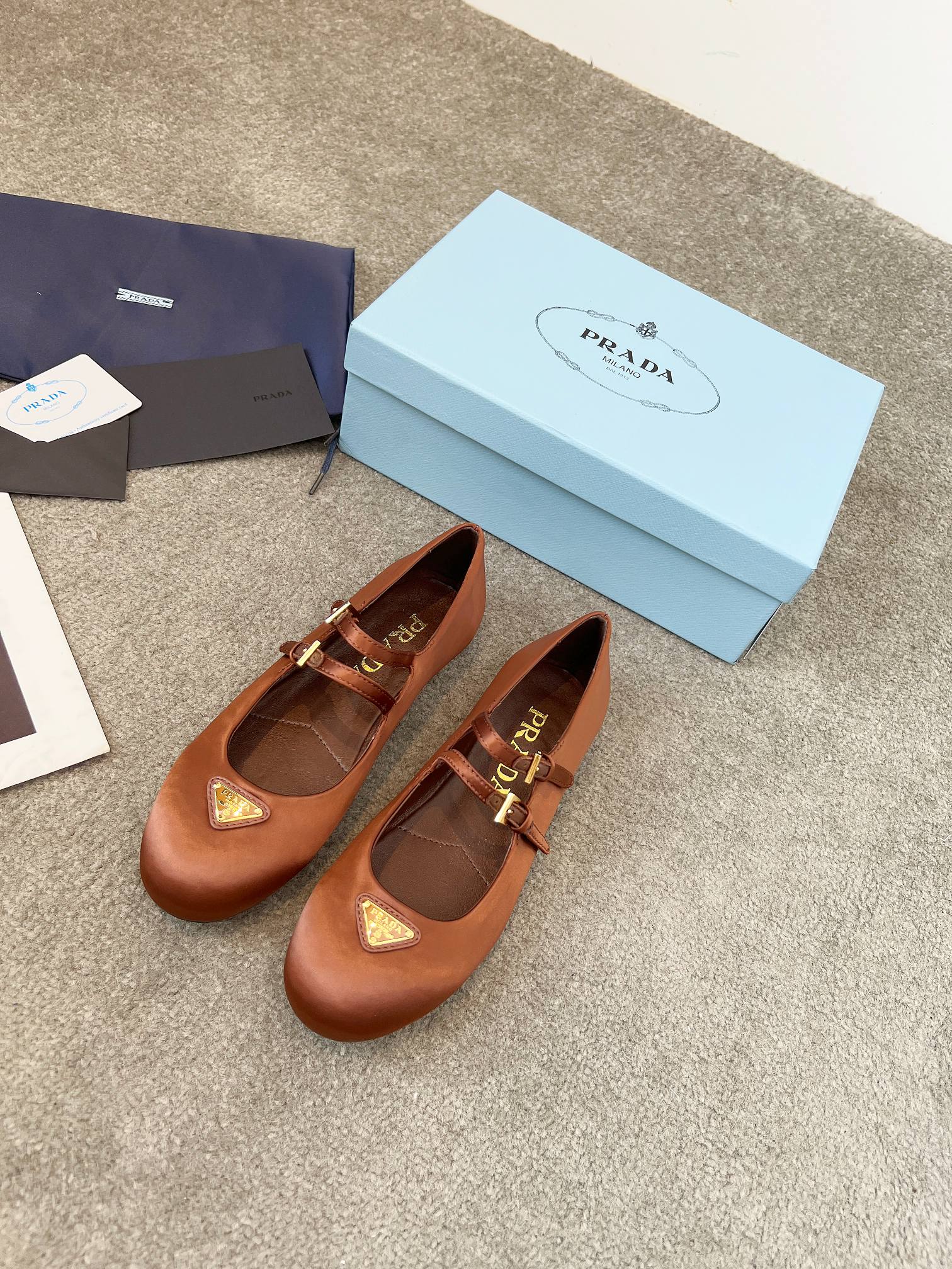 Prada 25th Double Strap Ballet Flats Brown Satin 564122