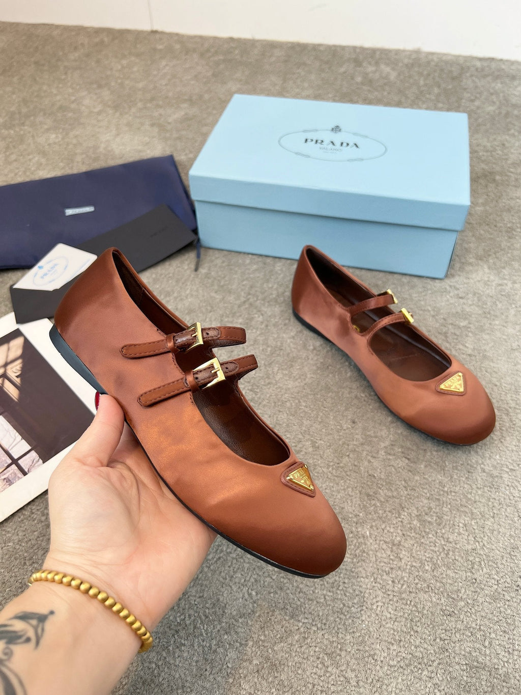 Prada 25th Double Strap Ballet Flats Brown Satin 564122