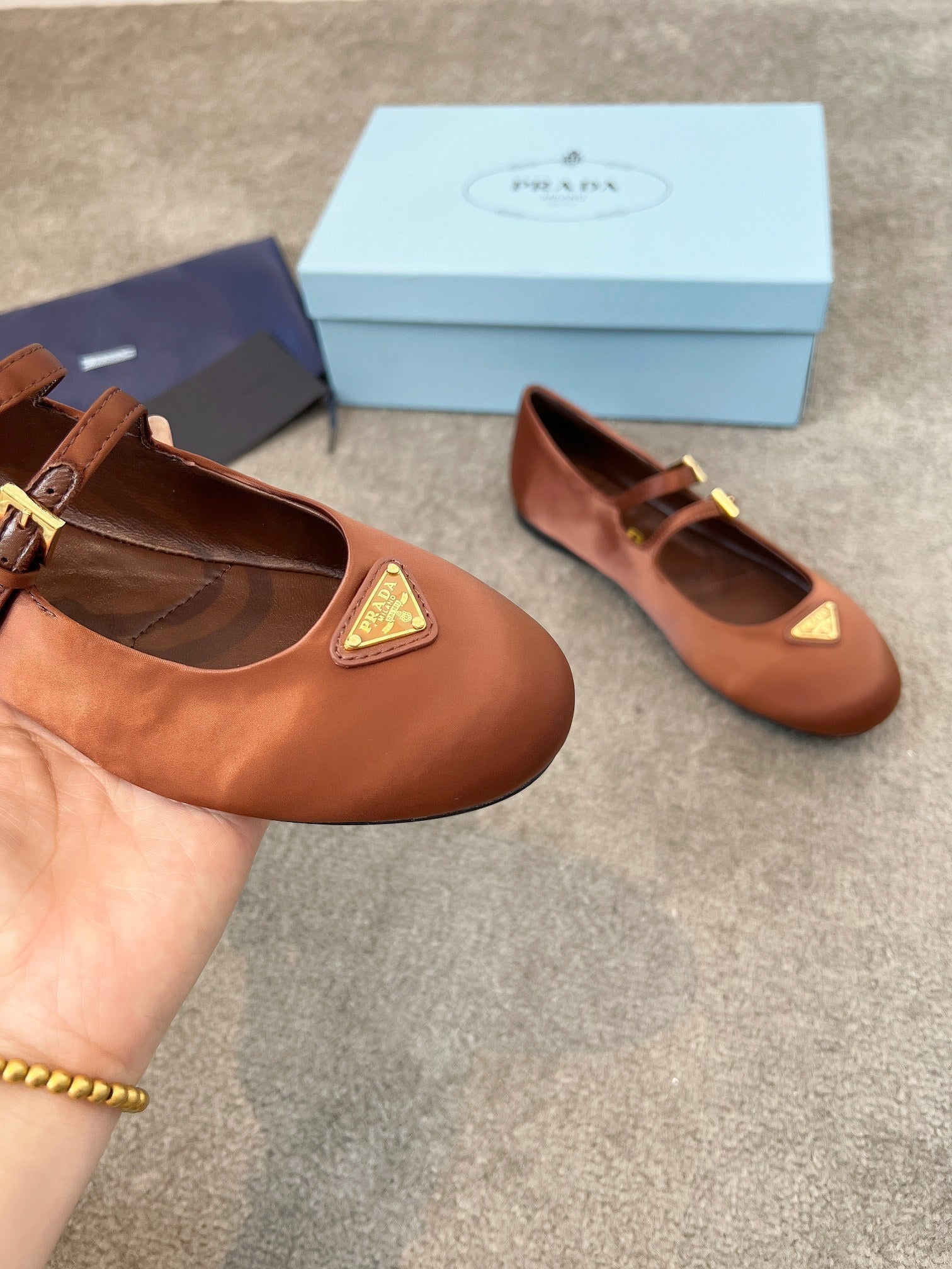 Prada 25th Double Strap Ballet Flats Brown Satin 564122