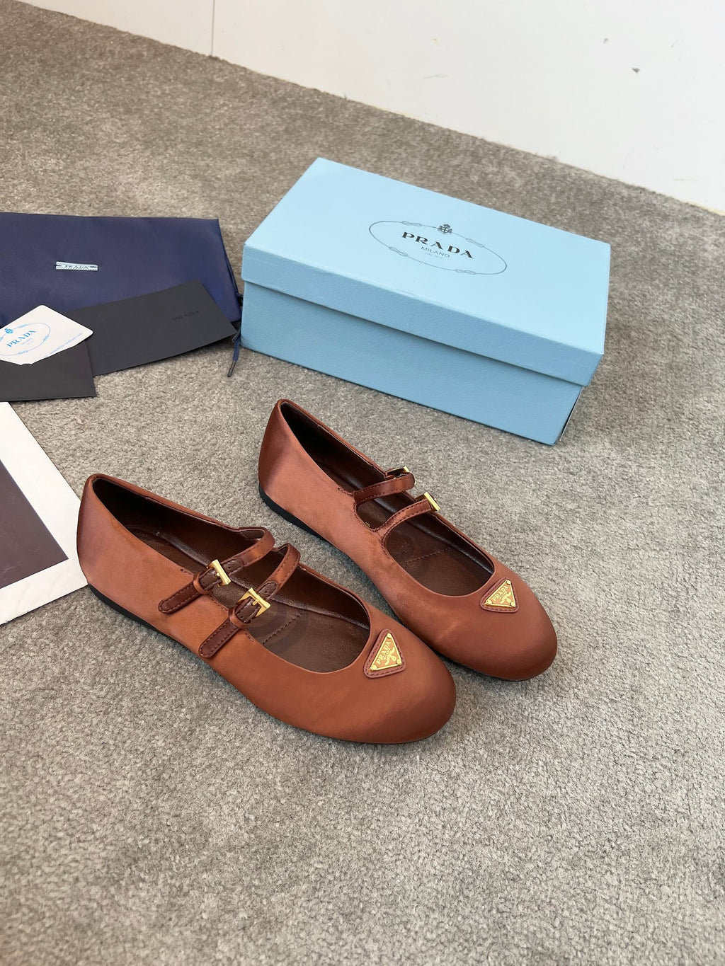 Prada 25th Double Strap Ballet Flats Brown Satin 564122