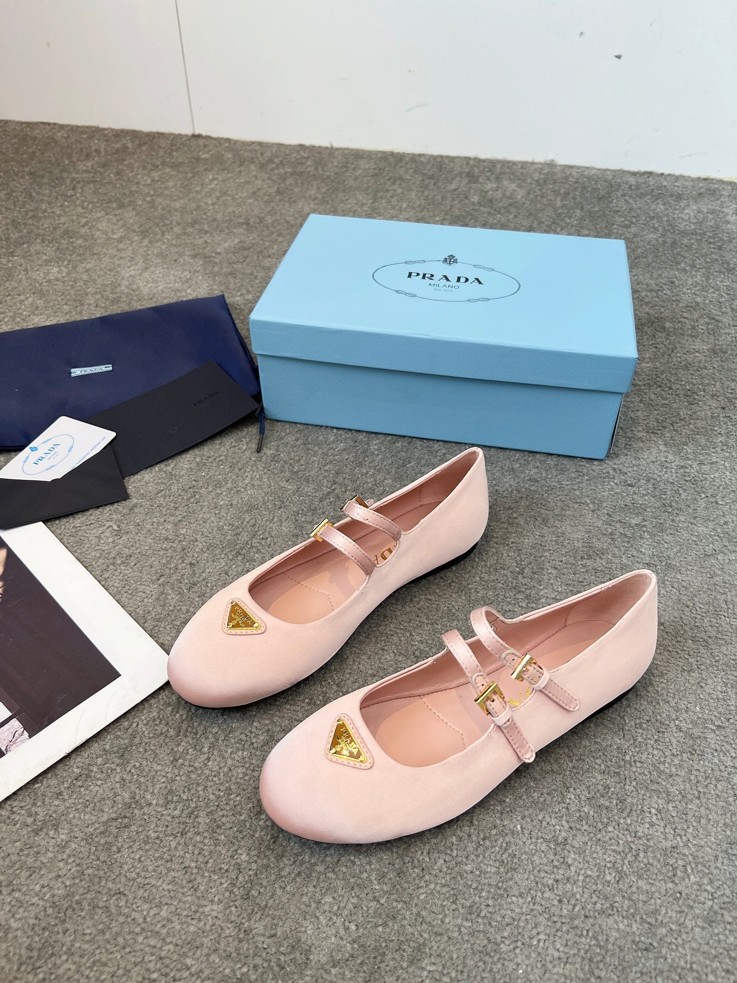Prada 25th Double Strap Ballet Flats Light Pink Satin 564123