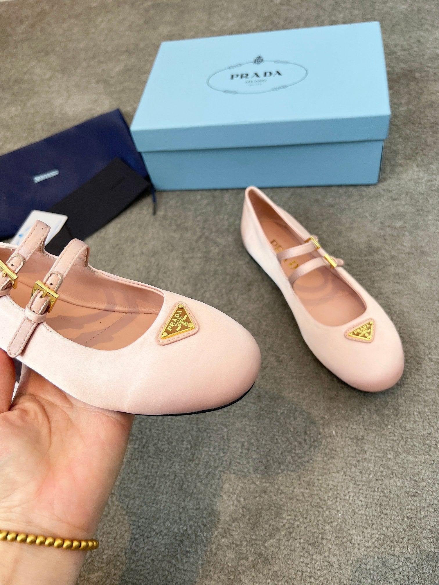 Prada 25th Double Strap Ballet Flats Light Pink Satin 564123
