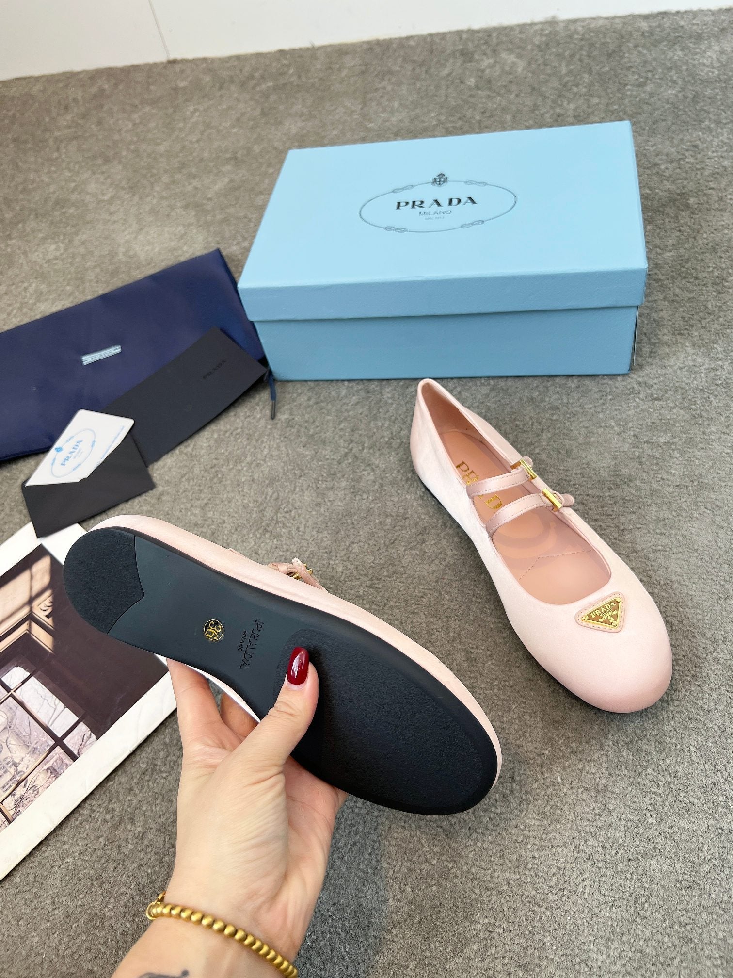 Prada 25th Double Strap Ballet Flats Light Pink Satin 564123