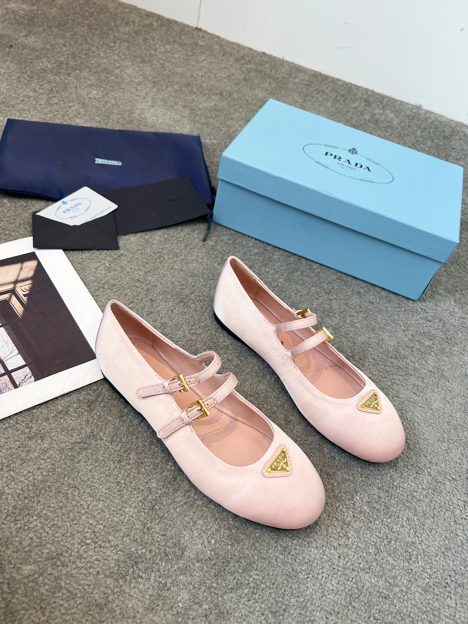 Prada 25th Double Strap Ballet Flats Light Pink Satin 564123