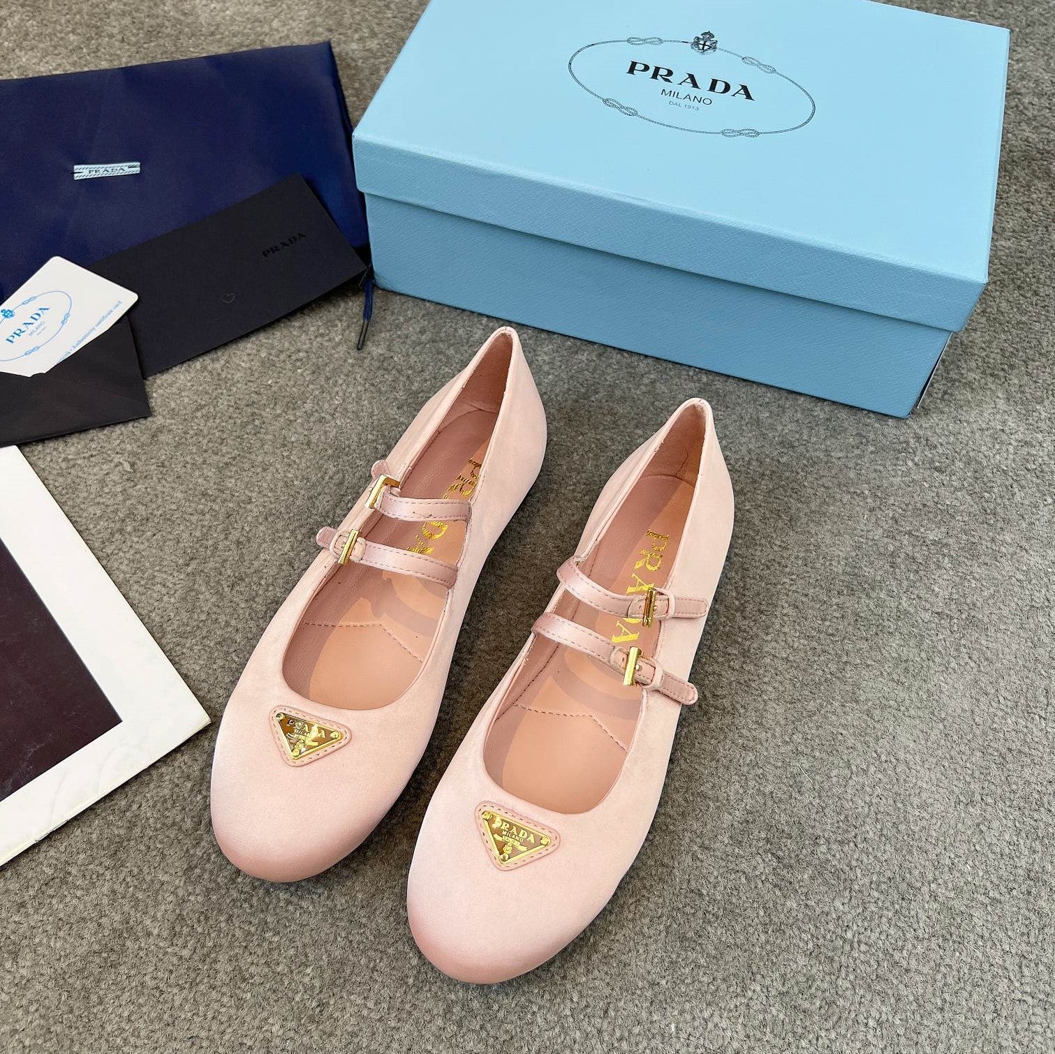 Prada 25th Double Strap Ballet Flats Light Pink Satin 564123