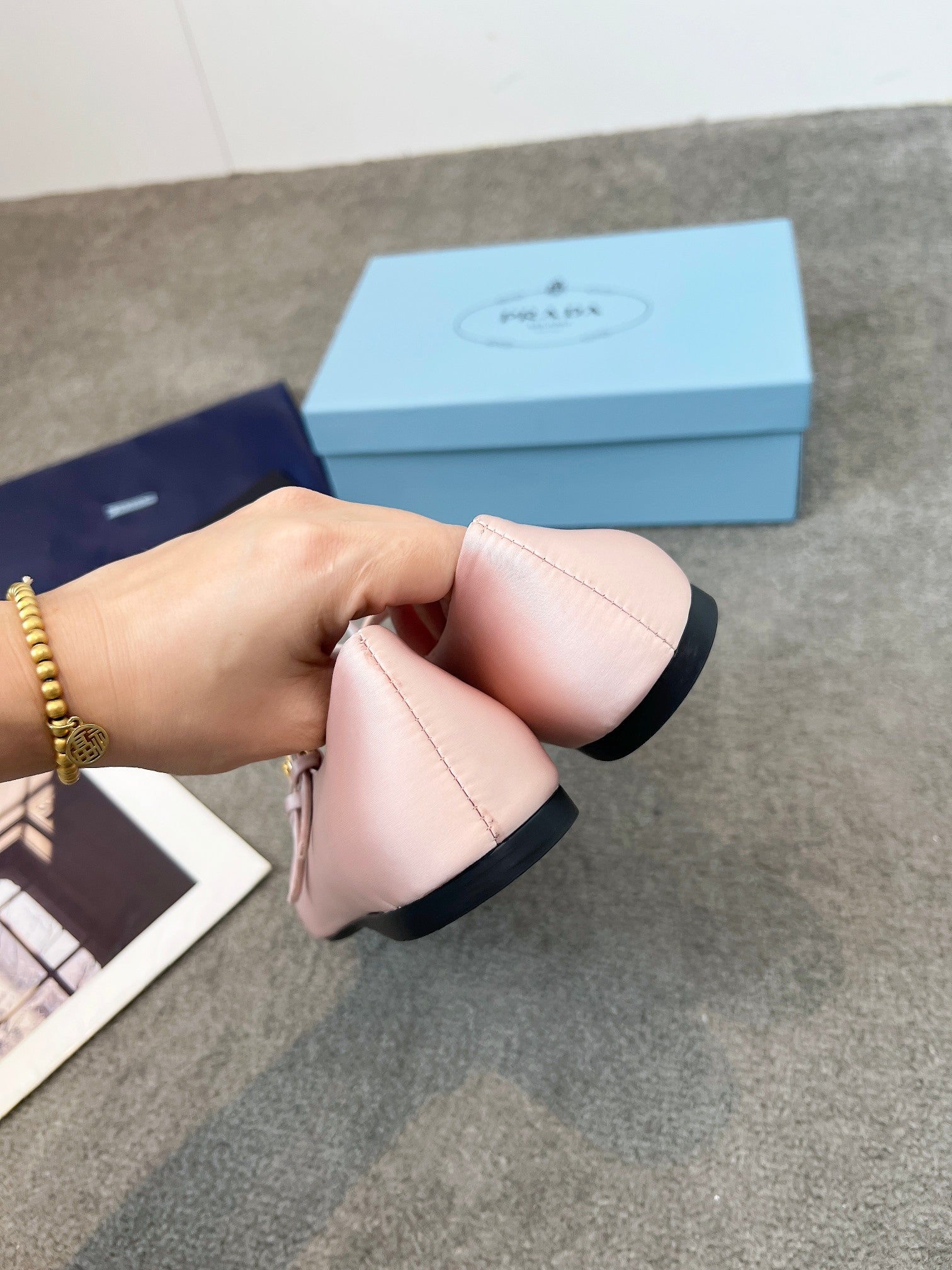 Prada 25th Double Strap Ballet Flats Light Pink Satin 564123