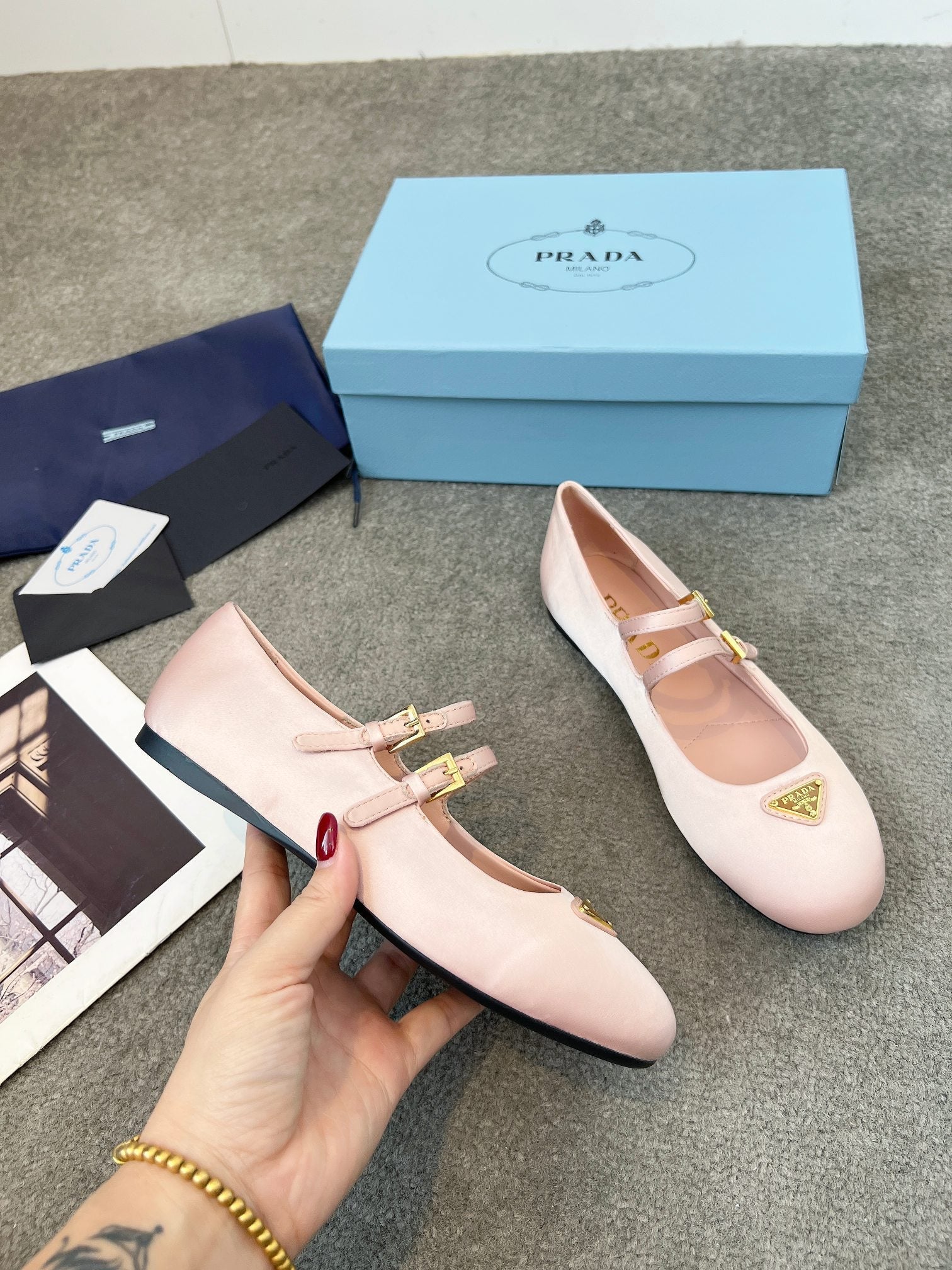 Prada 25th Double Strap Ballet Flats Light Pink Satin 564123