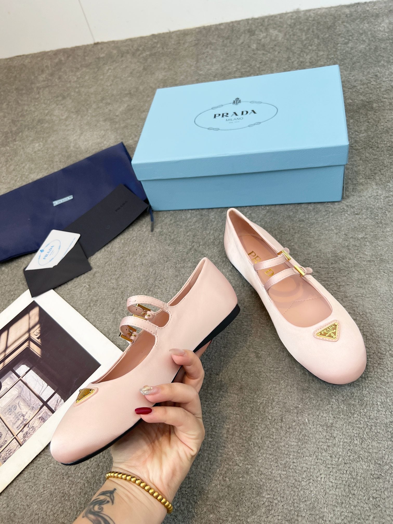 Prada 25th Double Strap Ballet Flats Light Pink Satin 564123