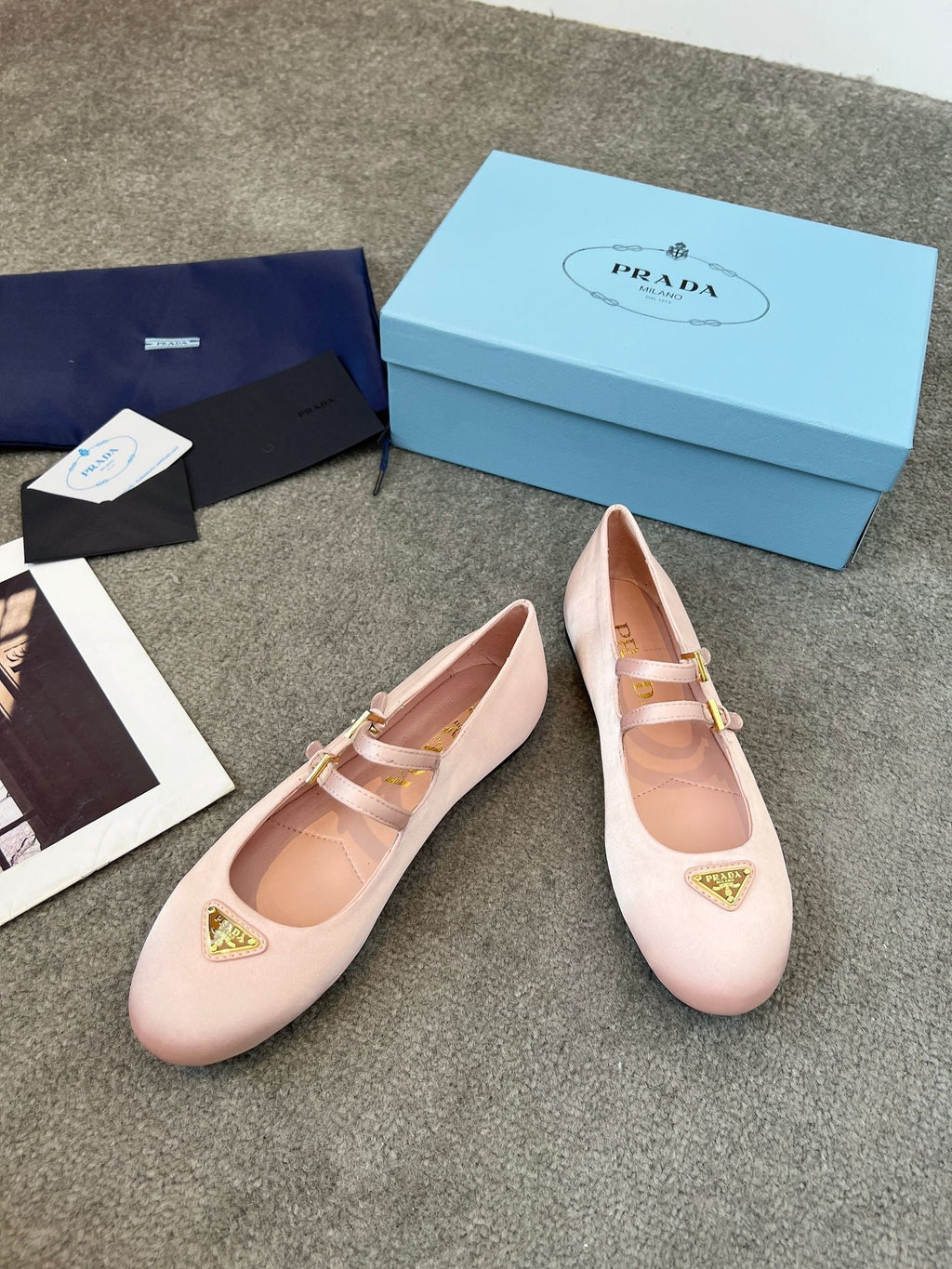 Prada 25th Double Strap Ballet Flats Light Pink Satin 564123