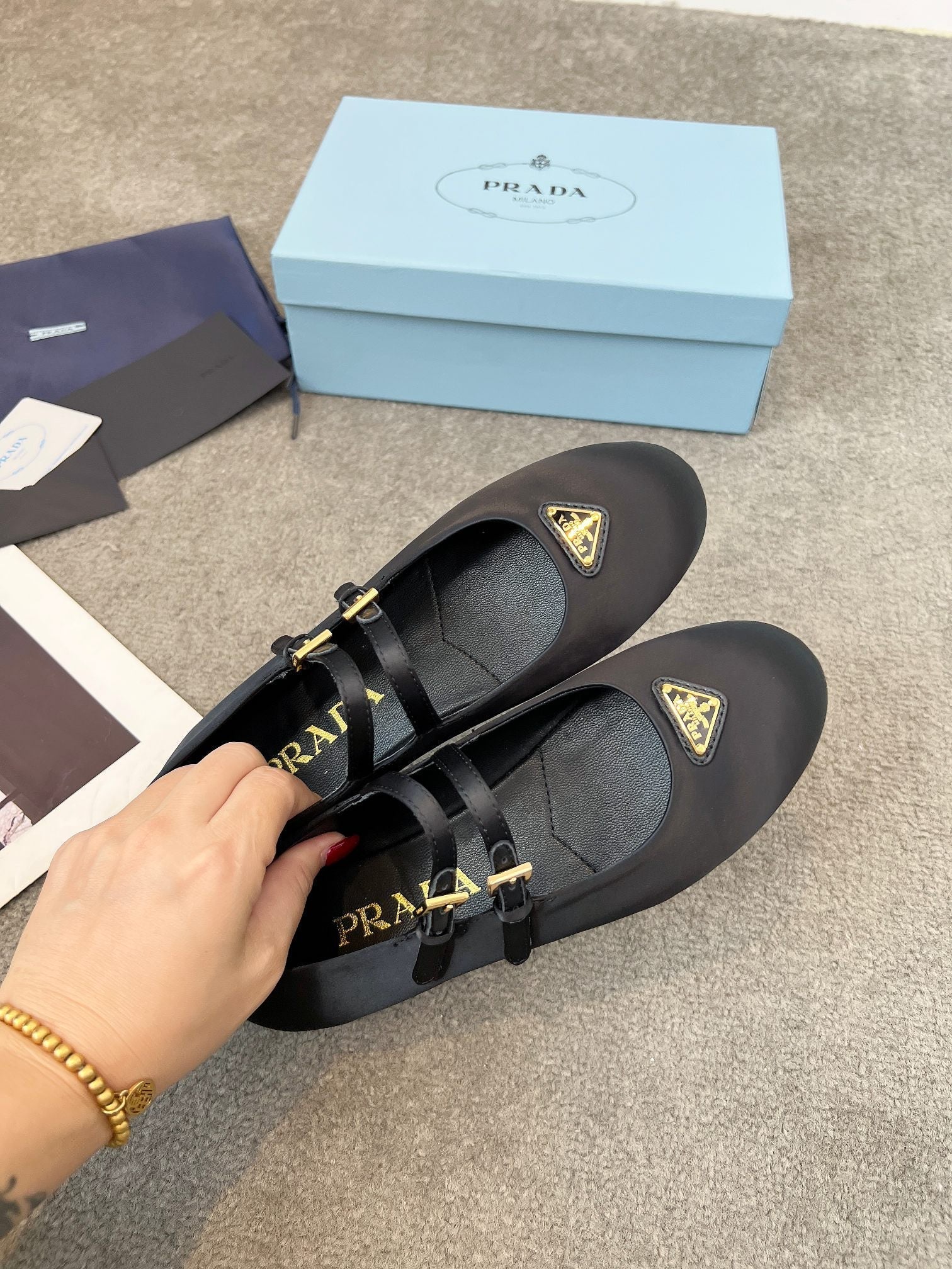 Prada 25th Double Strap Ballet Flats Black Satin 564124