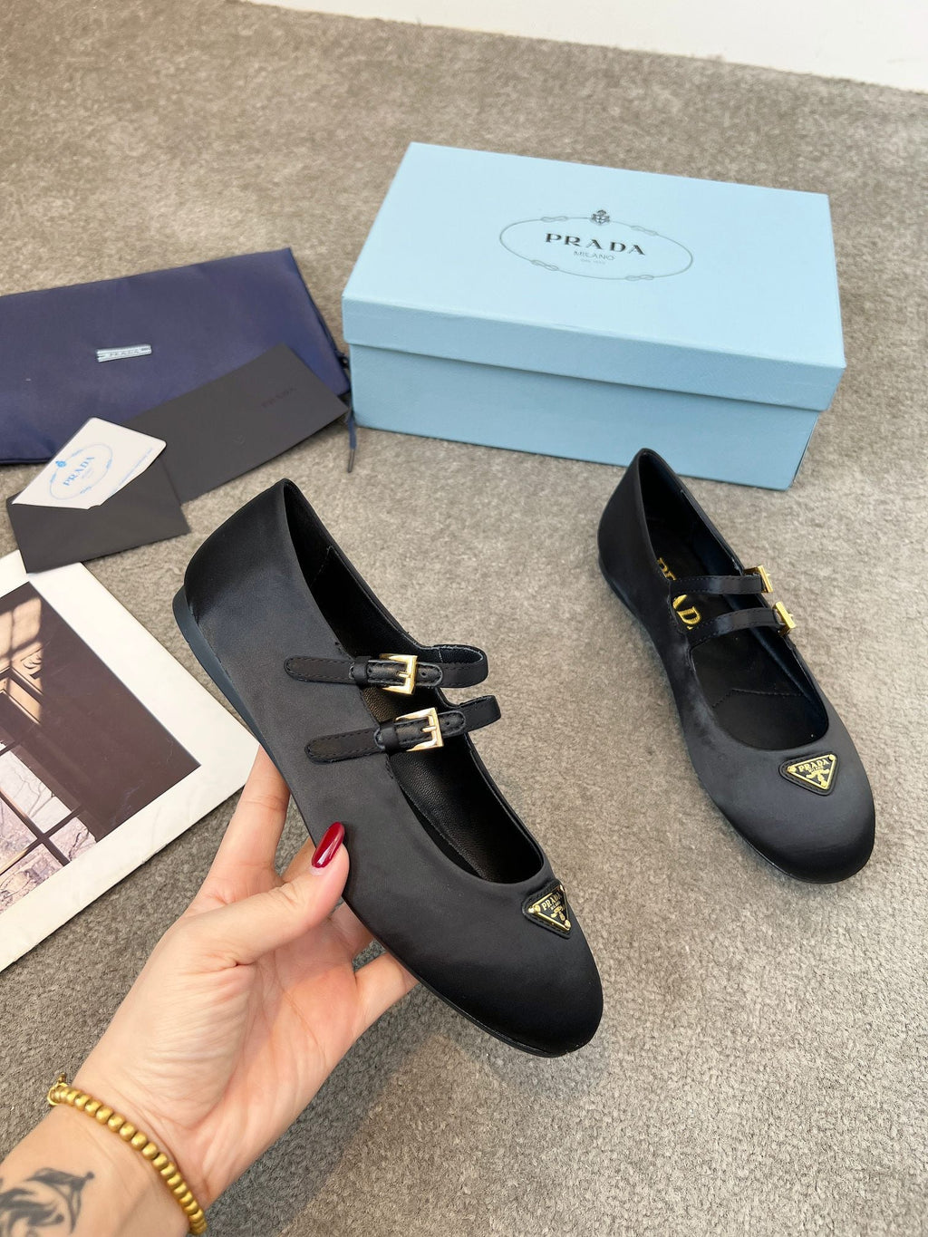 Prada 25th Double Strap Ballet Flats Black Satin 564124