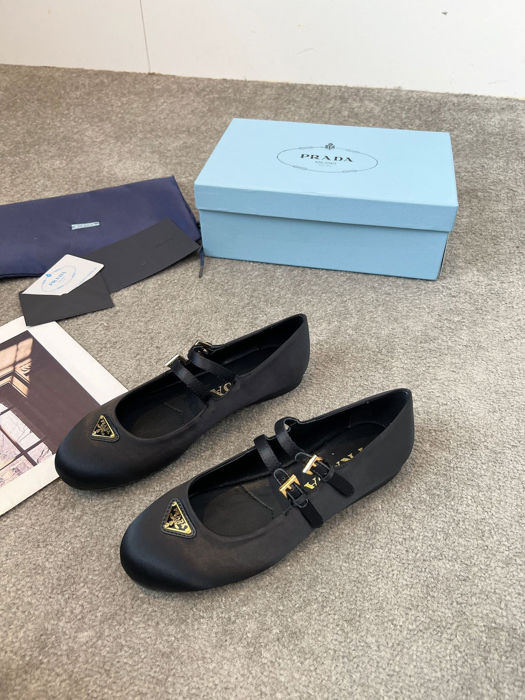 Prada 25th Double Strap Ballet Flats Black Satin 564124