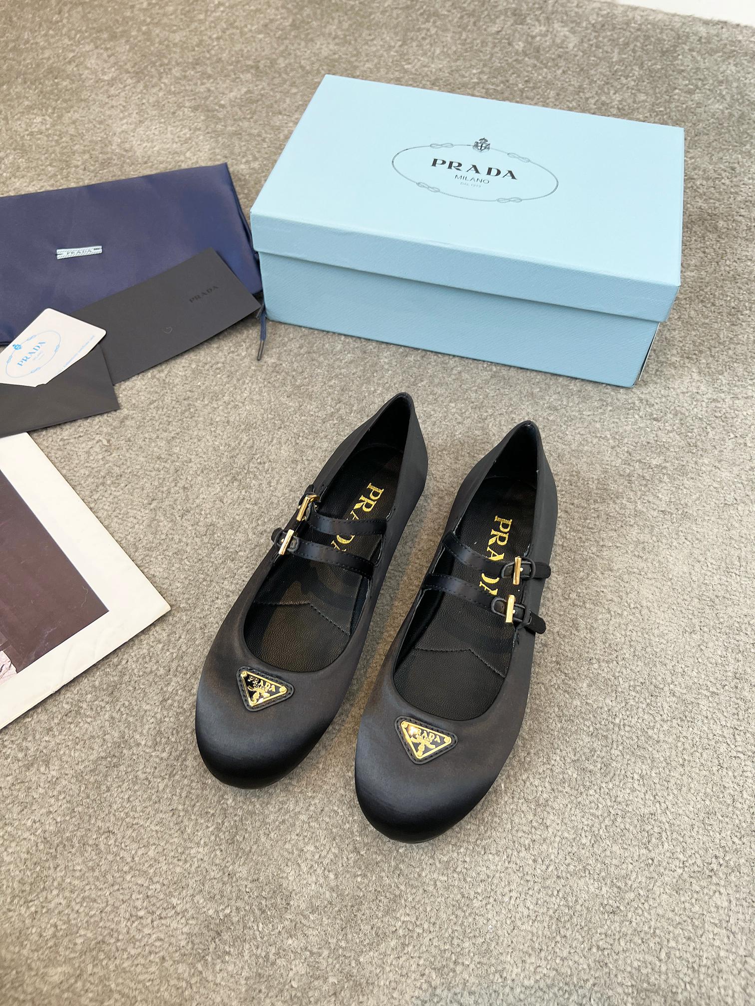 Prada 25th Double Strap Ballet Flats Black Satin 564124