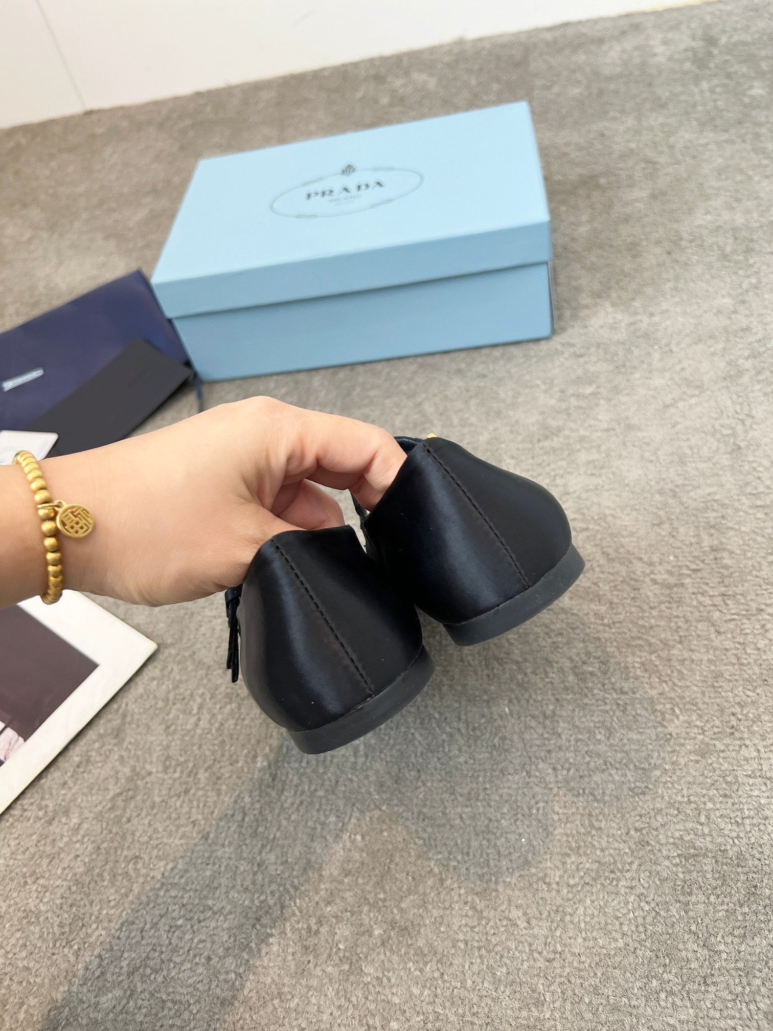 Prada 25th Double Strap Ballet Flats Black Satin 564124