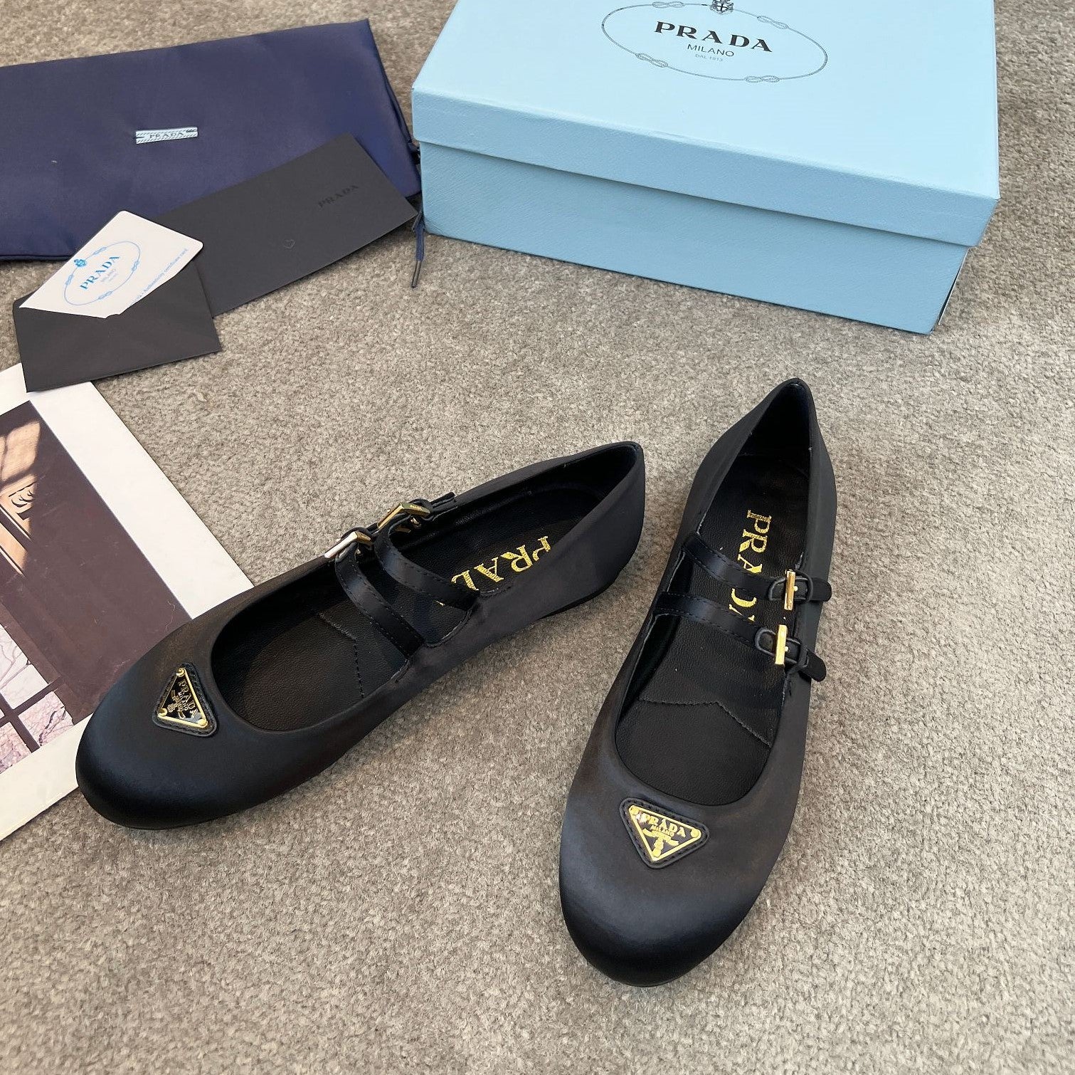 Prada 25th Double Strap Ballet Flats Black Satin 564124